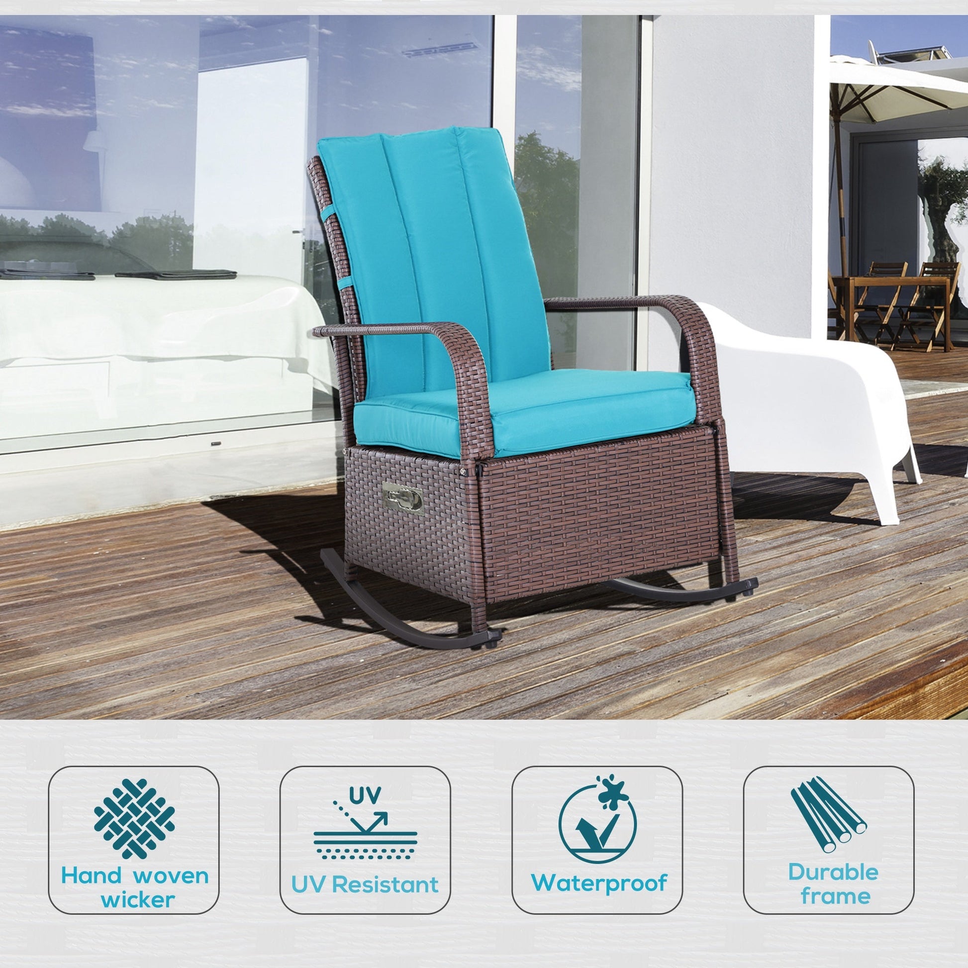Outdoor Wicker Rocking Chair with Cushion, Patio PE Rattan Recliner Chair with Adjustable Footrest, Armrests, Turquoise