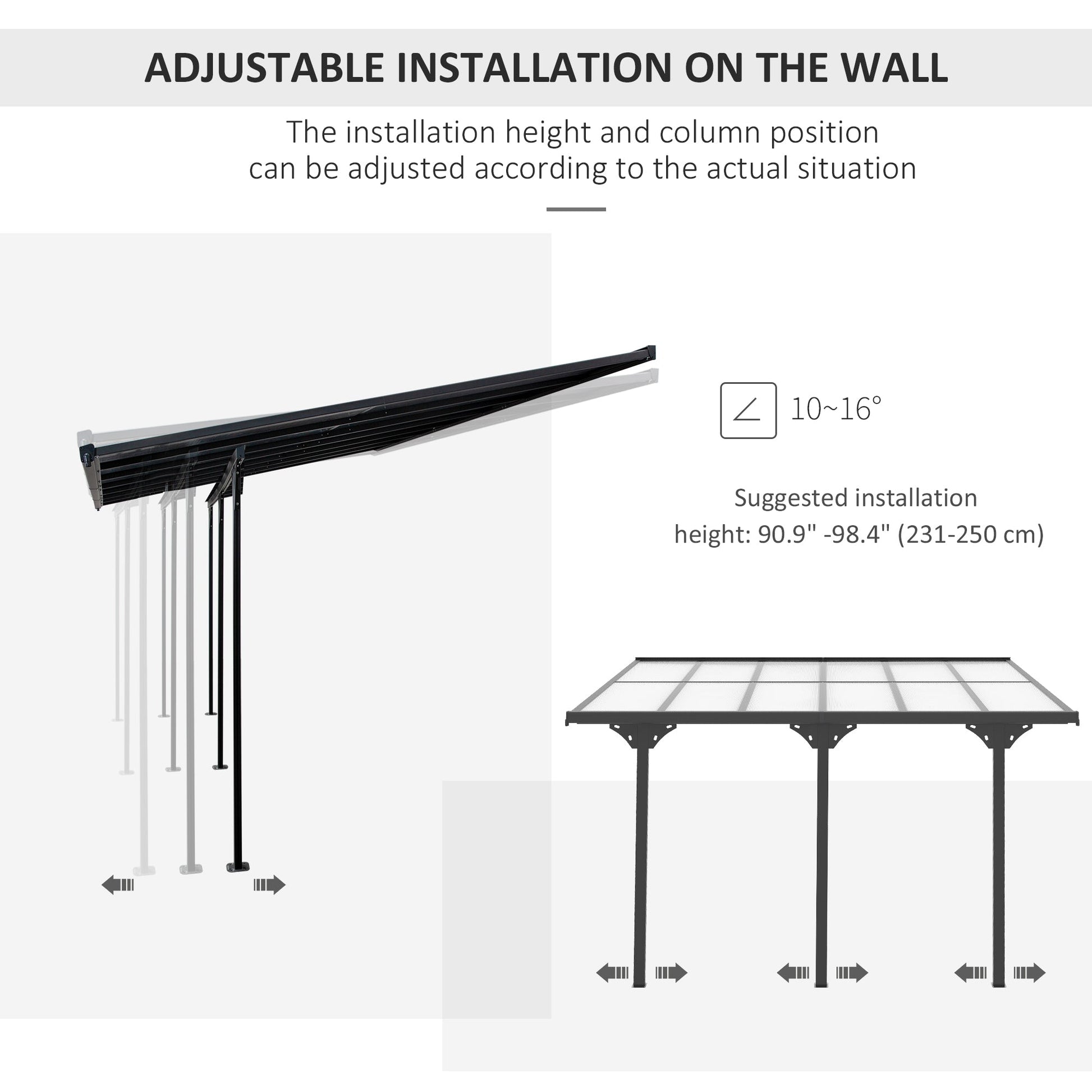10' x 12' Outdoor Lean to Hardtop Pergola with Polycarbonate Roof, Wall Mounted Gazebo with Adjustable Height, Aluminum Frame, and UV Protection, Grey