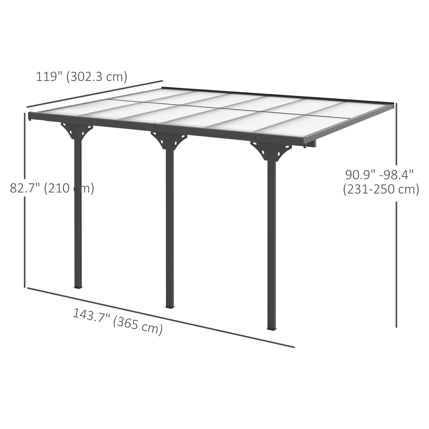 10' x 12' Outdoor Lean to Hardtop Pergola with Polycarbonate Roof, Wall Mounted Gazebo with Adjustable Height, Aluminum Frame, and UV Protection, Grey