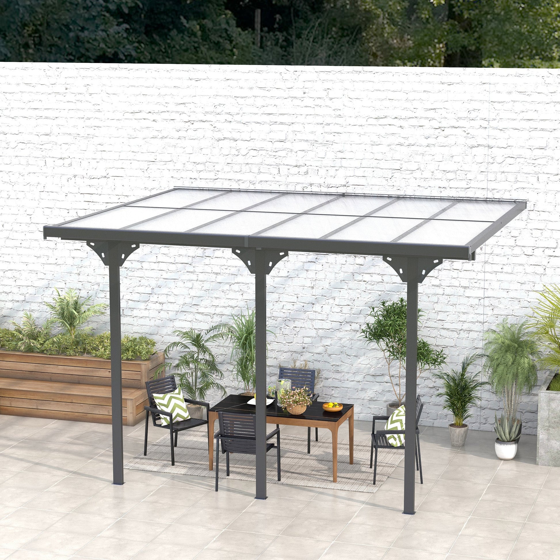 10' x 12' Outdoor Lean to Hardtop Pergola with Polycarbonate Roof, Wall Mounted Gazebo with Adjustable Height, Aluminum Frame, and UV Protection, Grey