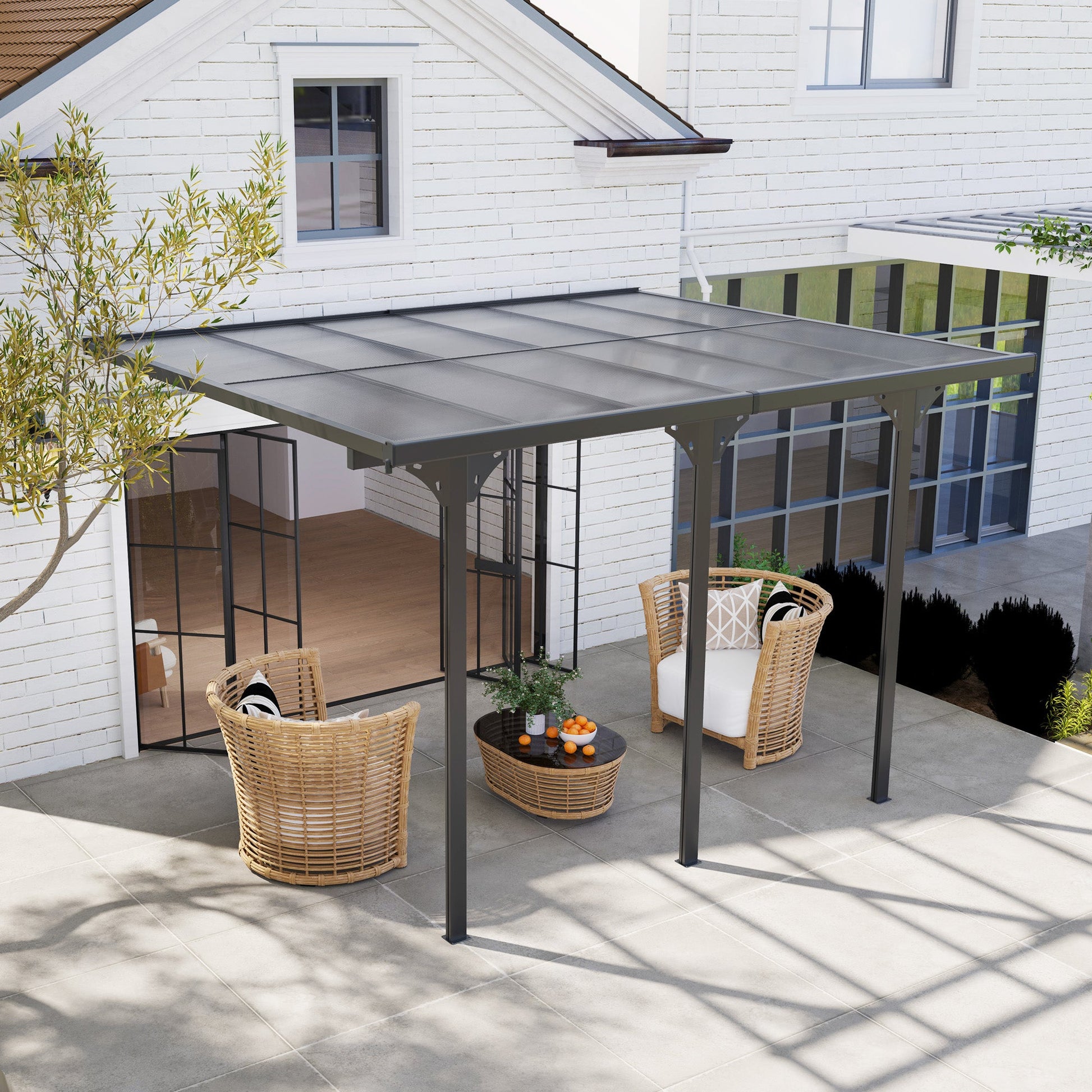 10' x 12' Outdoor Lean to Hardtop Pergola with Polycarbonate Roof, Wall Mounted Gazebo with Adjustable Height, Aluminum Frame, and UV Protection, Grey
