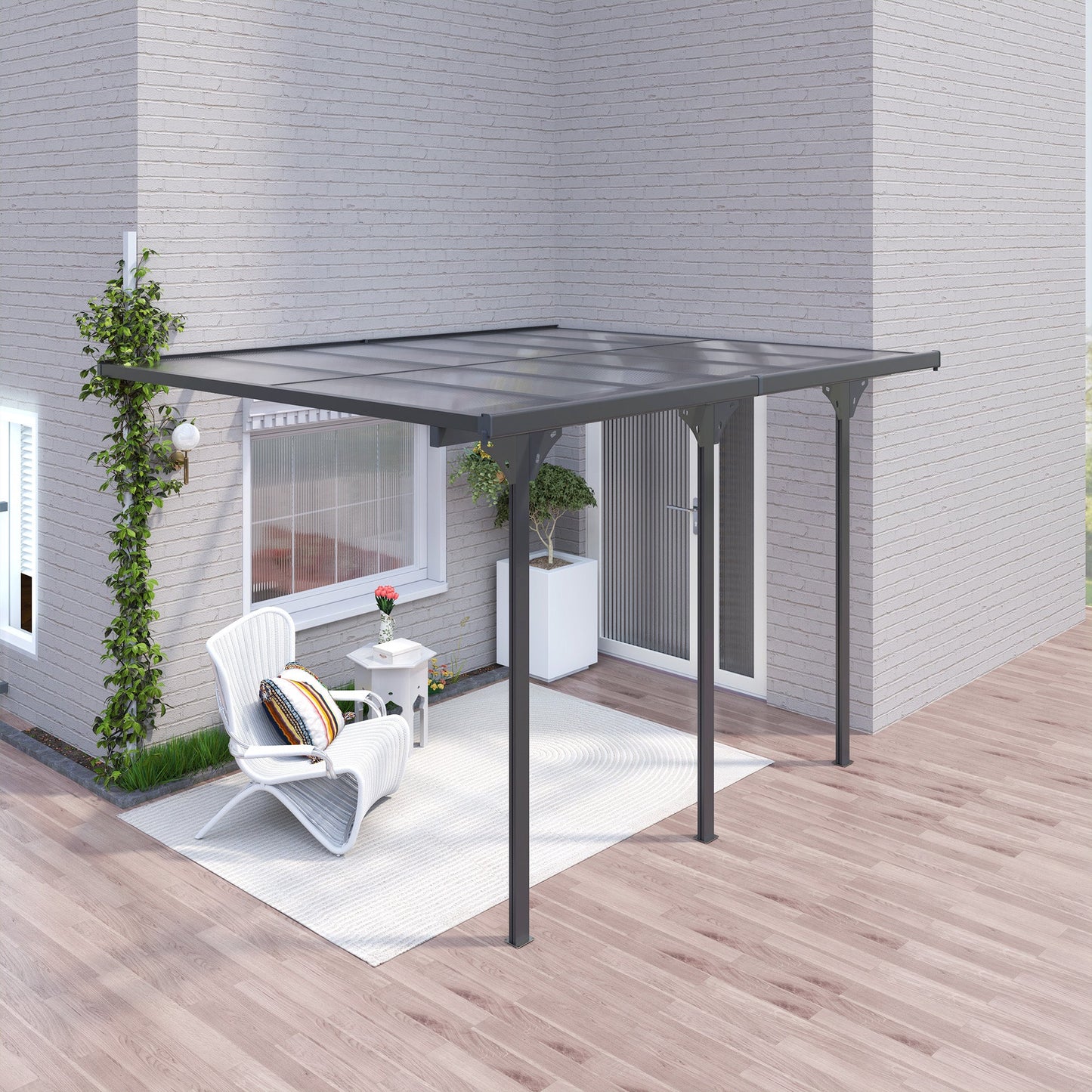 10' x 12' Outdoor Lean to Hardtop Pergola with Polycarbonate Roof, Wall Mounted Gazebo with Adjustable Height, Aluminum Frame, and UV Protection, Grey