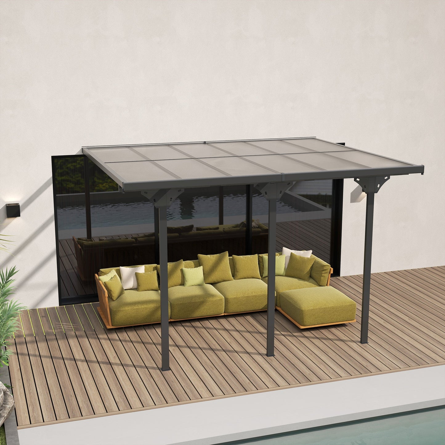10' x 12' Outdoor Lean to Hardtop Pergola with Polycarbonate Roof, Wall Mounted Gazebo with Adjustable Height, Aluminum Frame, and UV Protection, Grey