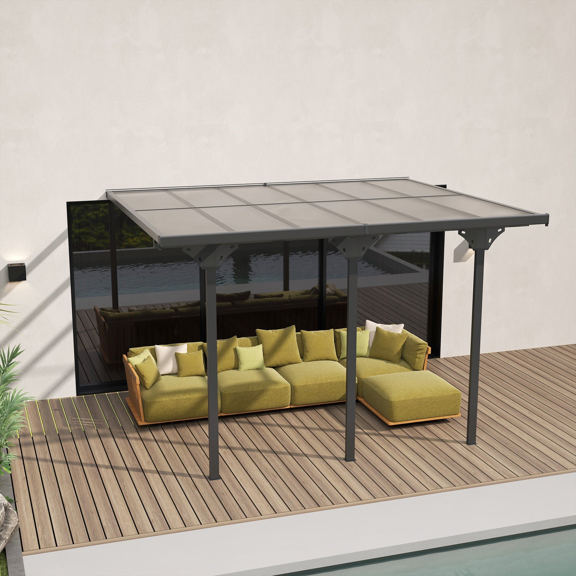 10' x 12' Outdoor Lean to Hardtop Pergola with Polycarbonate Roof, Wall Mounted Gazebo with Adjustable Height, Aluminum Frame, and UV Protection, Grey