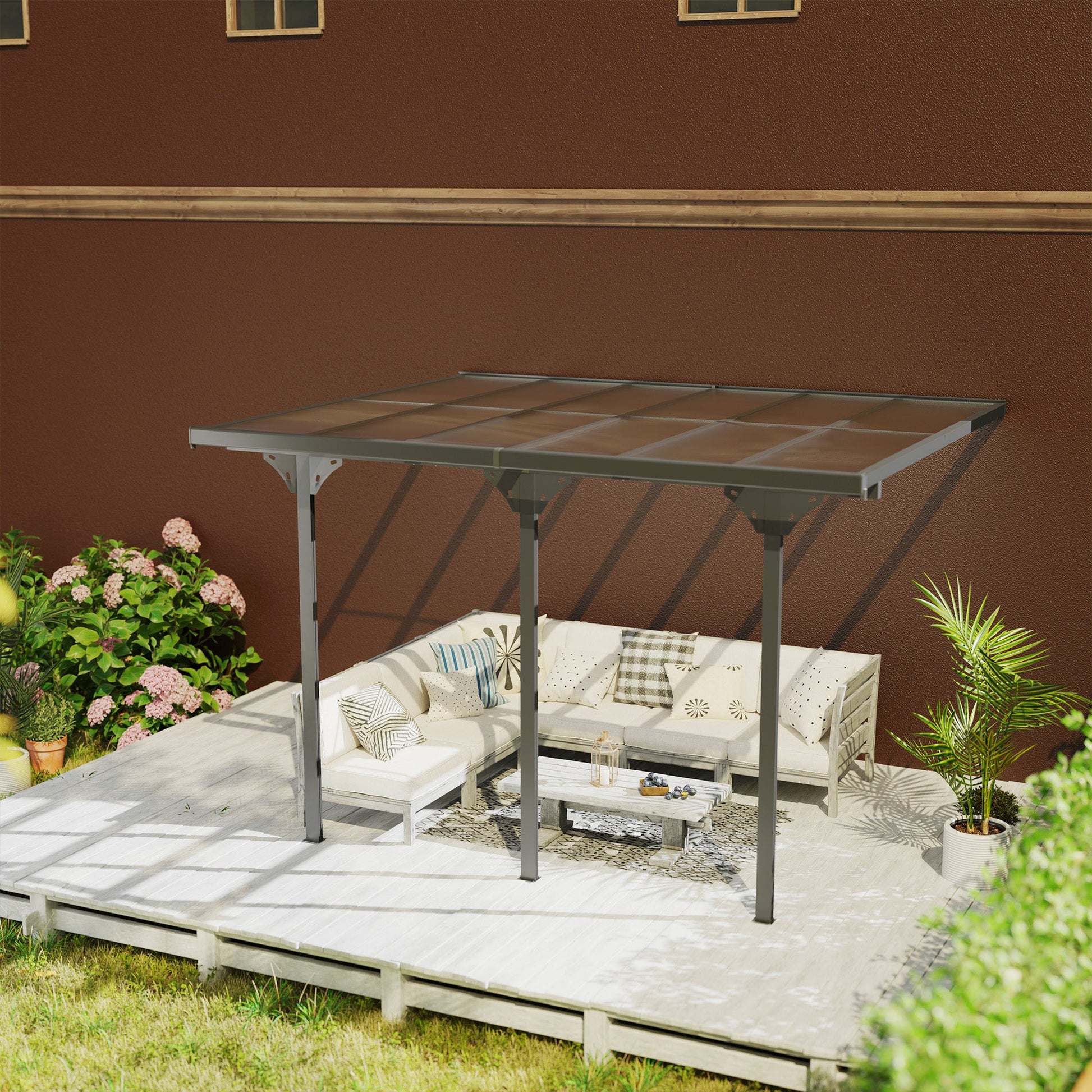 10' x 12' Outdoor Lean to Hardtop Pergola with Polycarbonate Roof, Wall Mounted Gazebo with Adjustable Height, Aluminum Frame, and UV Protection, Grey