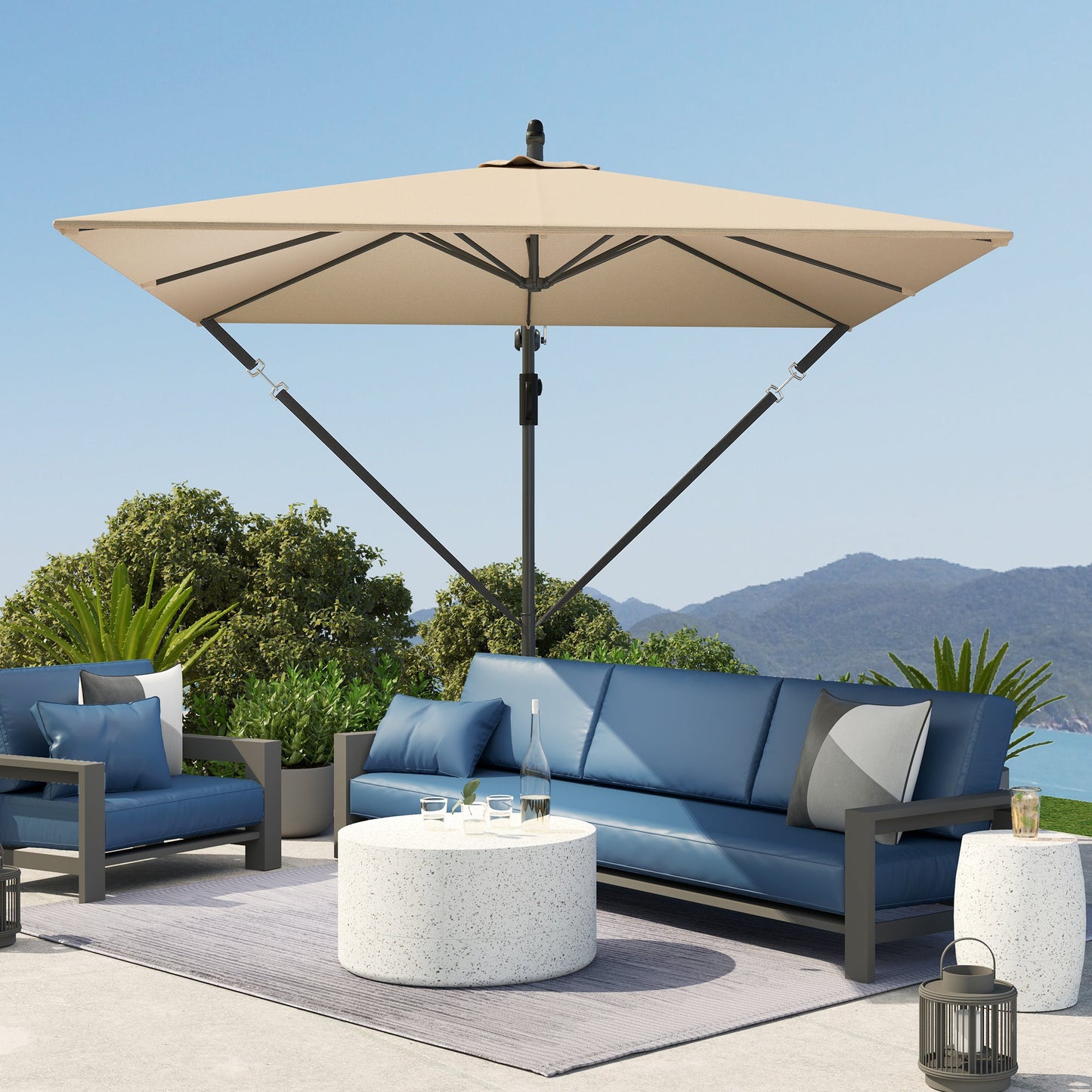 Patio Offset Umbrella UPF 50+ UV Protection, Water-Resistant, Crank Parasol with Base, Cover & Wind Securing, Tiltable Garden Umbrella for Balcony & Patio, Khaki