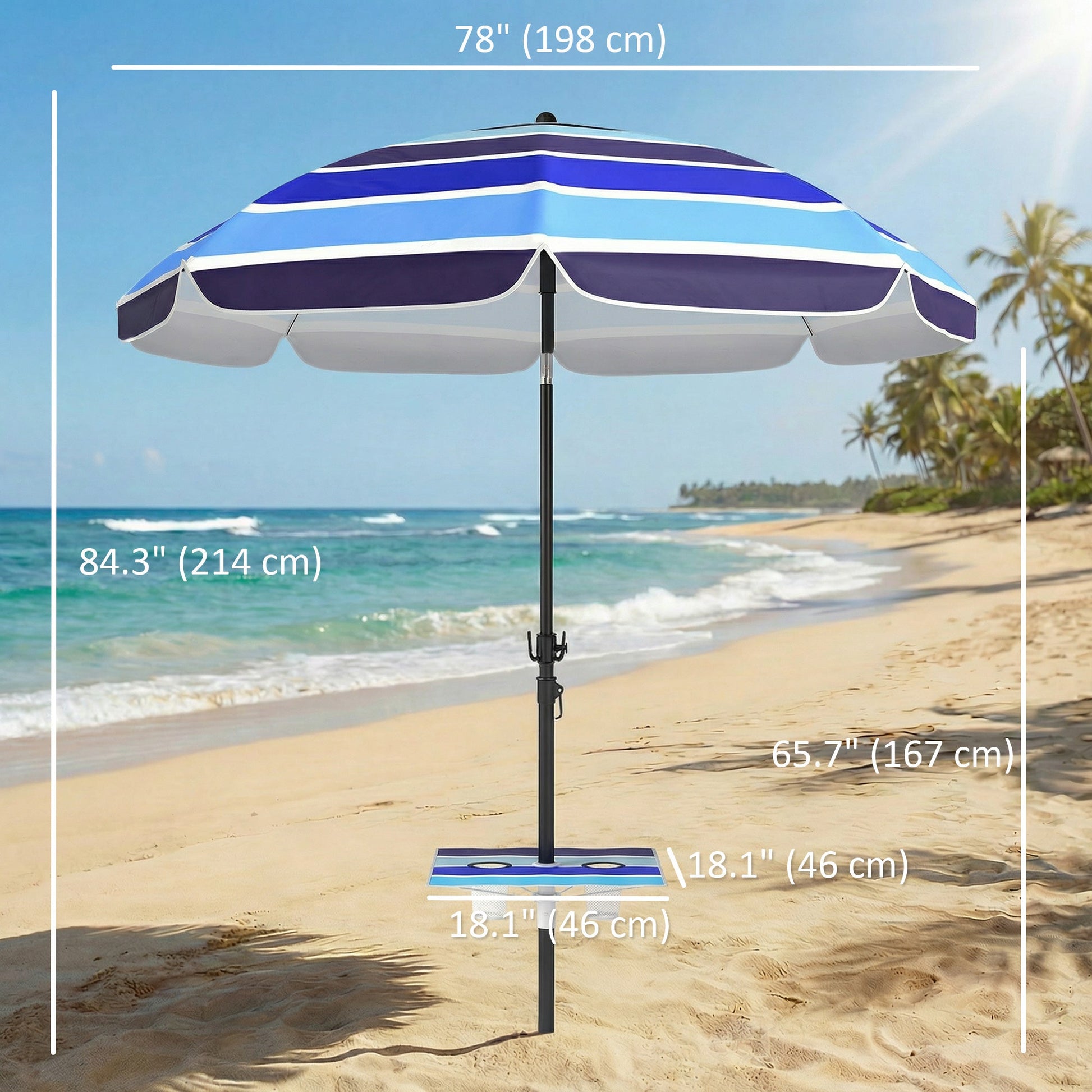 78" Beach Umbrella with Foldable Table and Cup Holder, Adjustable Tilt, Portable with Carry Bag and Hook for Outdoor, Patio, Beach, Multicolor