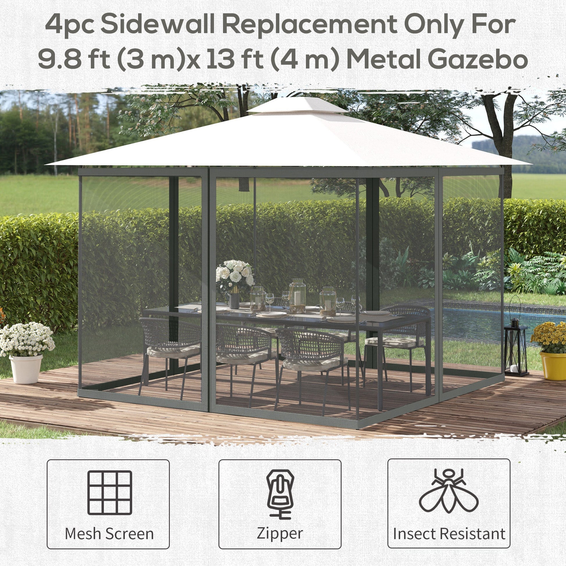 Replacement Mosquito Netting for Gazebo 10' x 13' Black Screen Walls for Canopy with Zippers for Parties and Outdoor Activities, Dark Grey