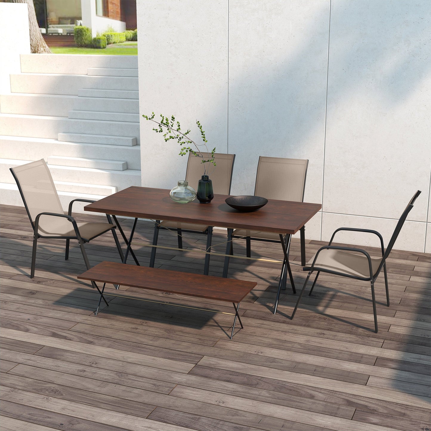 Set of 4 Outdoor Dining Chairs, Heavy Duty Stackable Patio Dining Set with Mesh Seat and Armrests for Balcony Garden, Grey