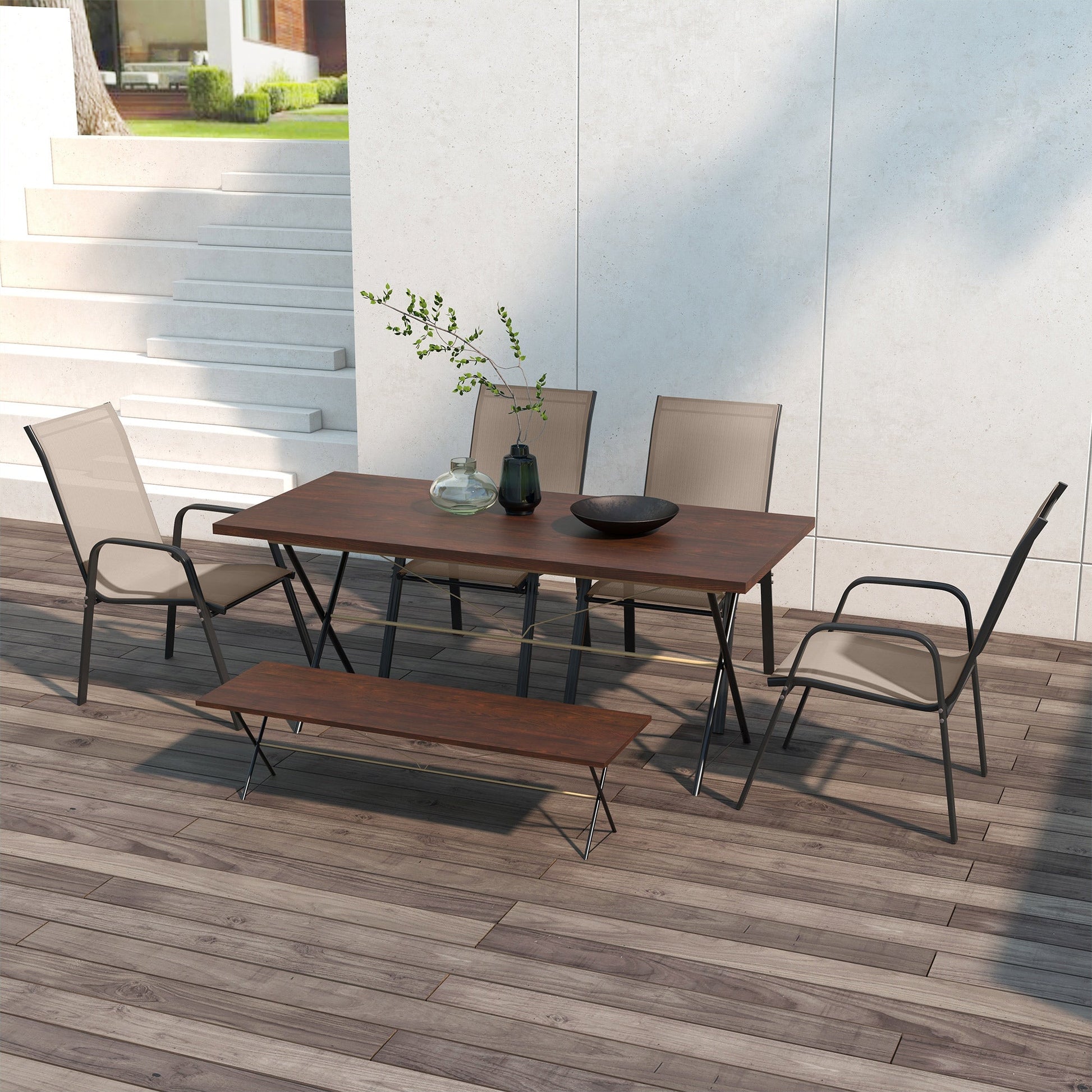 Set of 4 Outdoor Dining Chairs, Heavy Duty Stackable Patio Dining Set with Mesh Seat and Armrests for Balcony Garden, Grey