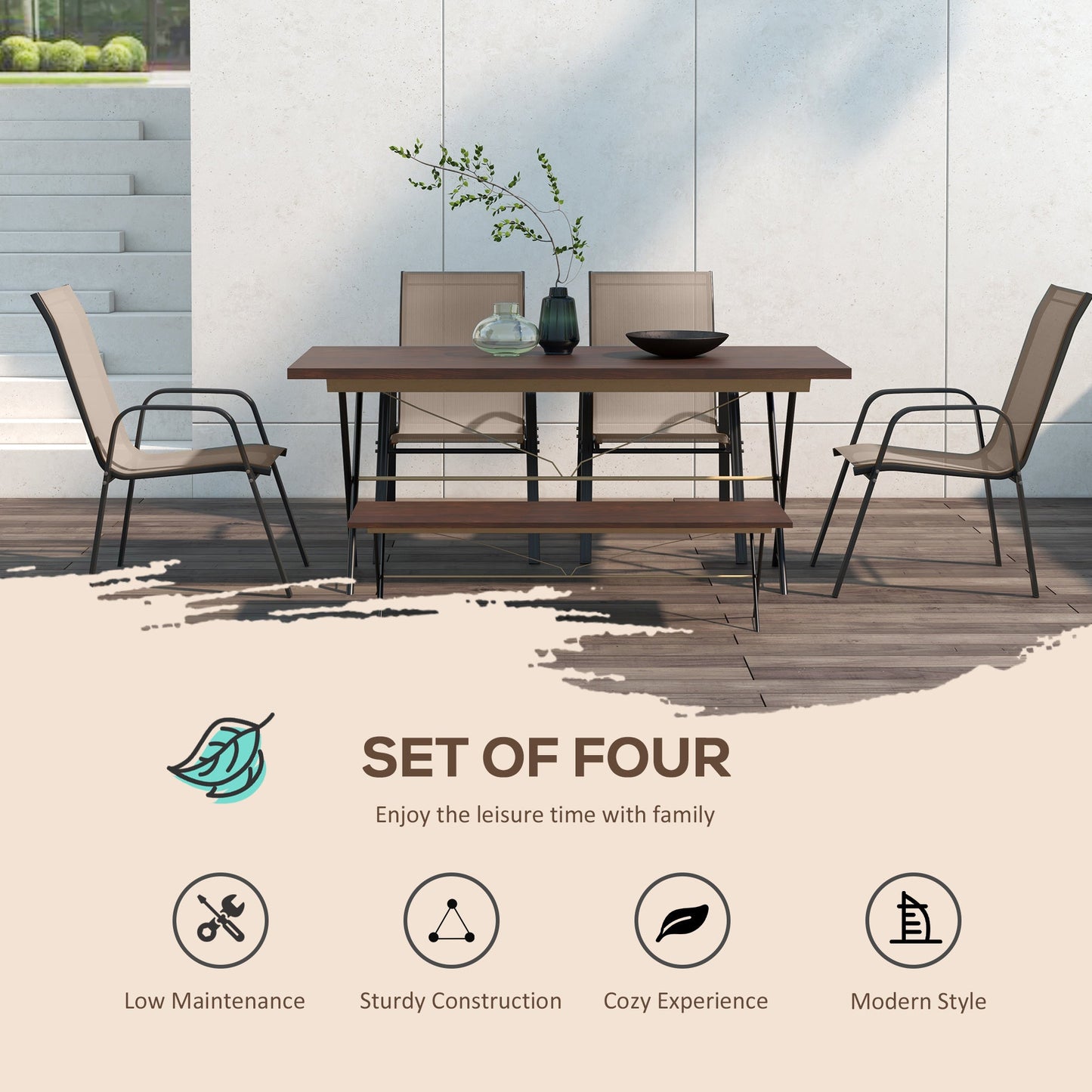 Set of 4 Outdoor Dining Chairs, Heavy Duty Stackable Patio Dining Set with Mesh Seat and Armrests for Balcony Garden, Grey