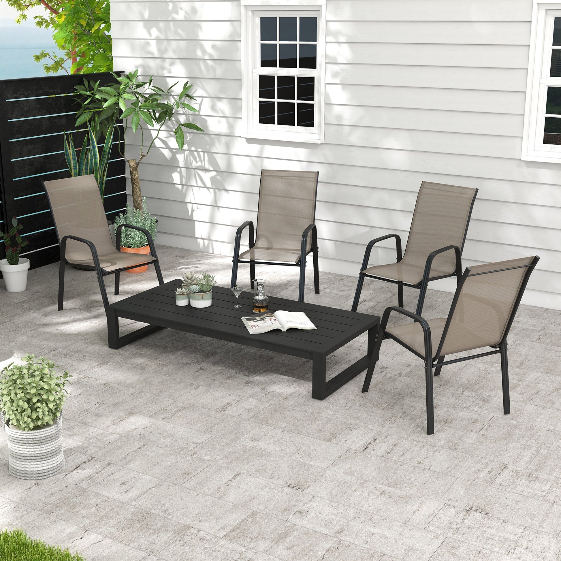 Set of 4 Outdoor Dining Chairs, Heavy Duty Stackable Patio Dining Set with Mesh Seat and Armrests for Balcony Garden, Grey