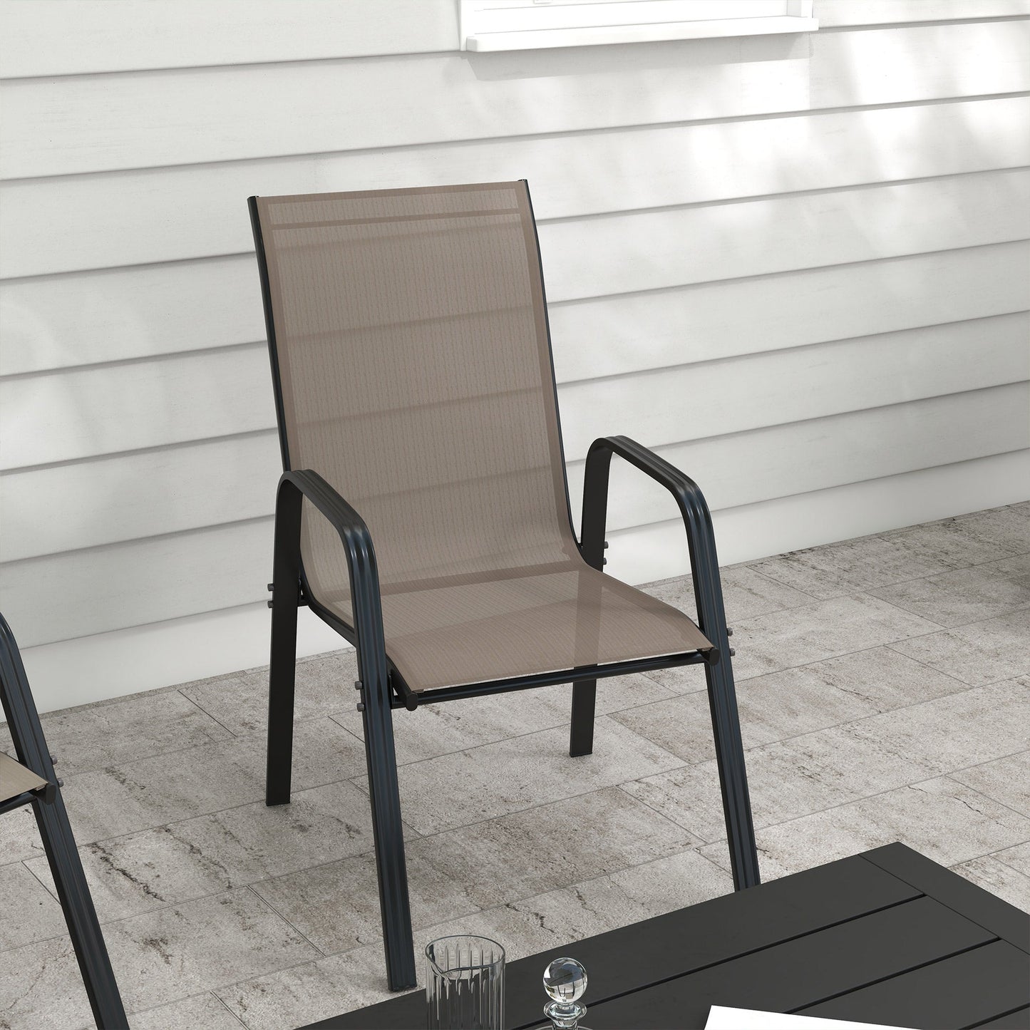 Set of 4 Outdoor Dining Chairs, Heavy Duty Stackable Patio Dining Set with Mesh Seat and Armrests for Balcony Garden, Grey