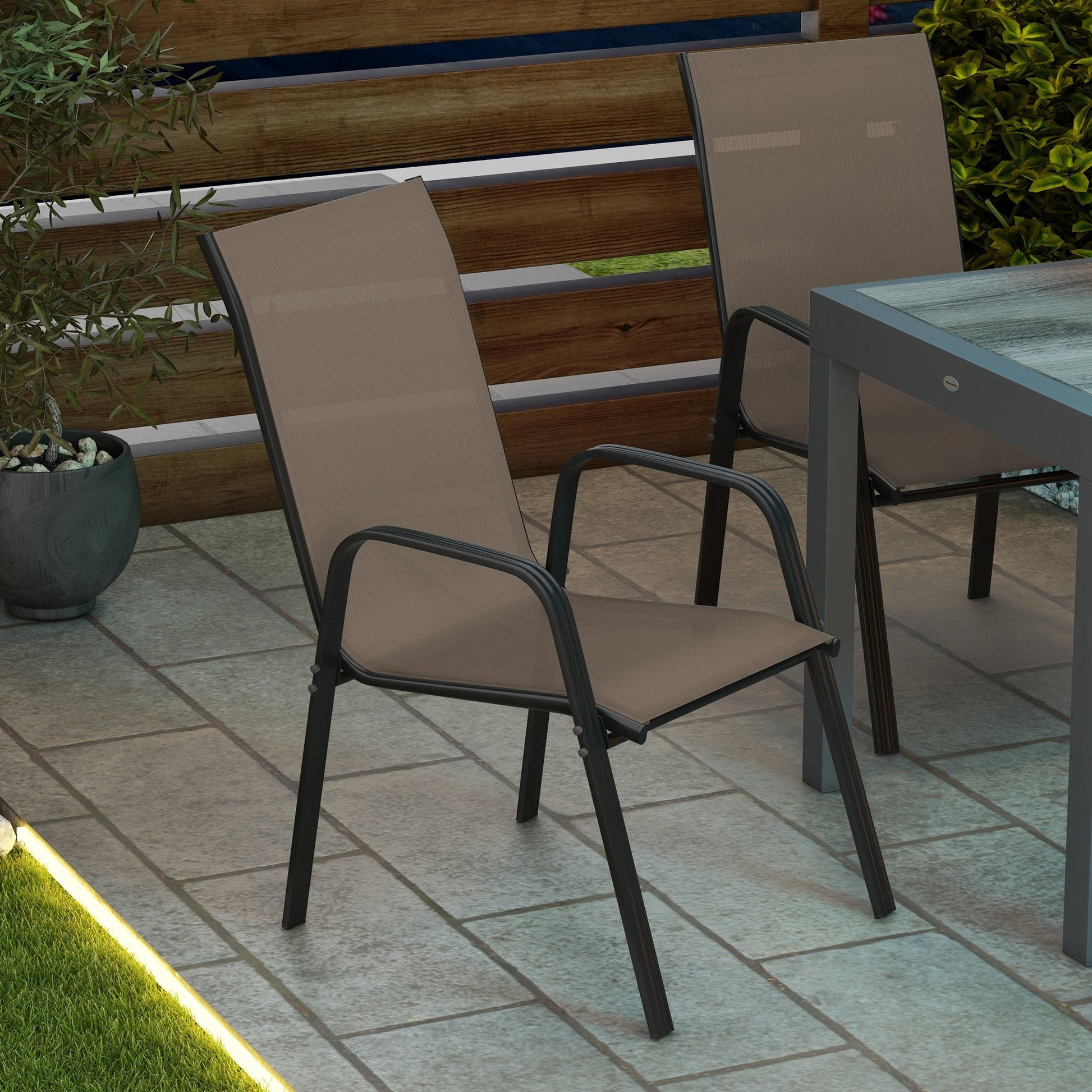 Set of 4 Outdoor Dining Chairs, Heavy Duty Stackable Patio Dining Set with Mesh Seat and Armrests for Balcony Garden, Grey