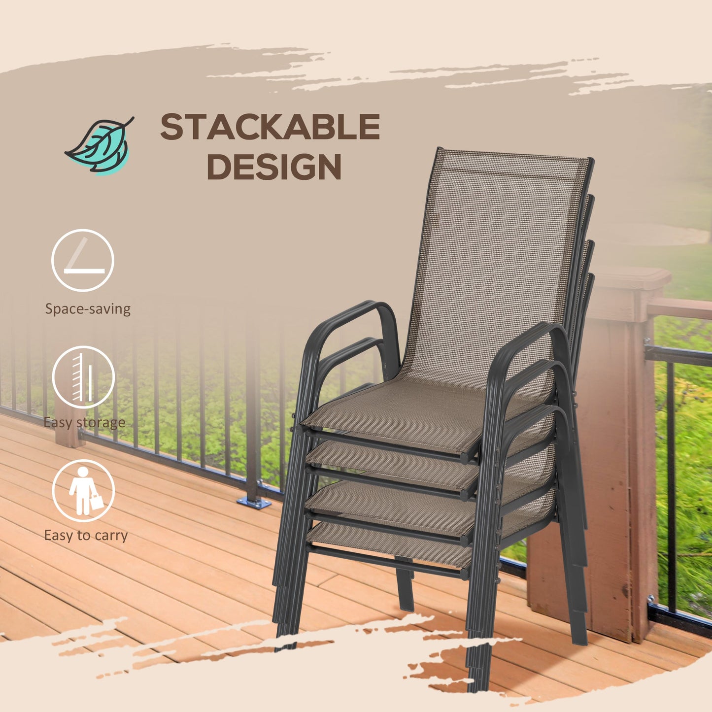 Set of 4 Outdoor Dining Chairs, Heavy Duty Stackable Patio Dining Set with Mesh Seat and Armrests for Balcony Garden, Grey