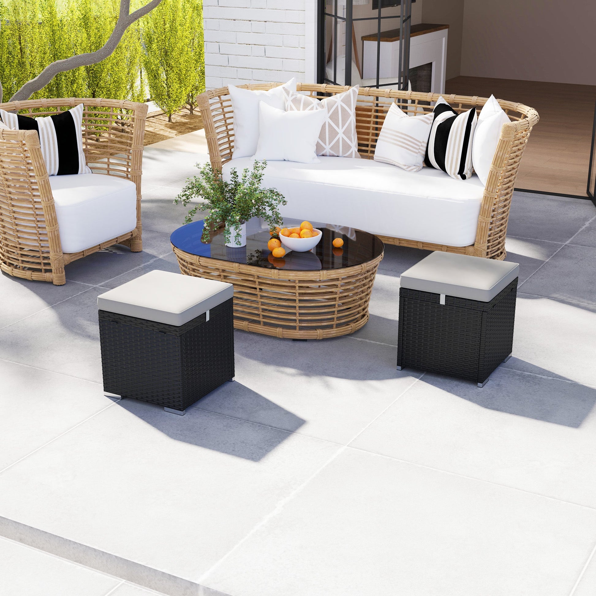 2 Pieces Wicker Outdoor Ottoman with Storage, PE Rattan Patio Storage Ottoman with Removable Cushion, Square Outdoor Footstool Seating, Footrest and Side Table, Light Grey