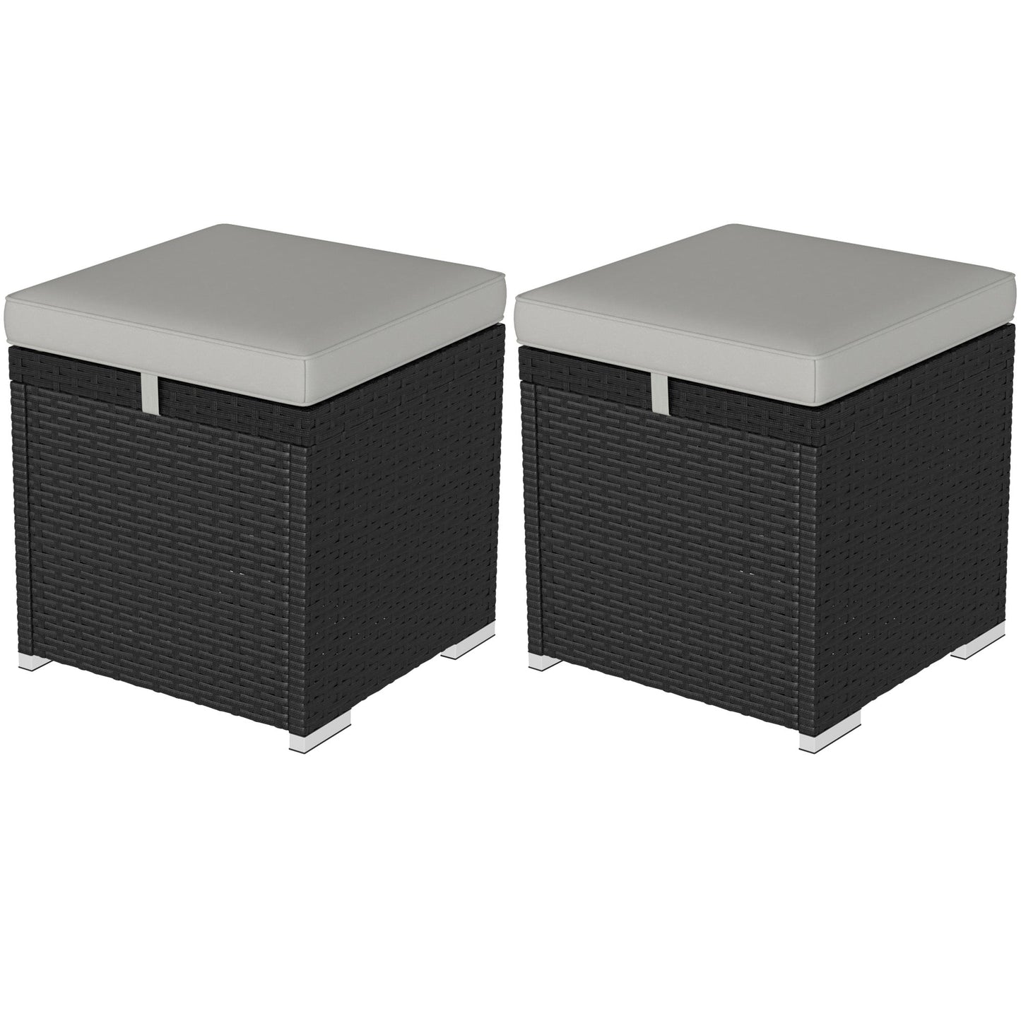 2 Pieces Wicker Outdoor Ottoman with Storage, PE Rattan Patio Storage Ottoman with Removable Cushion, Square Outdoor Footstool Seating, Footrest and Side Table, Light Grey