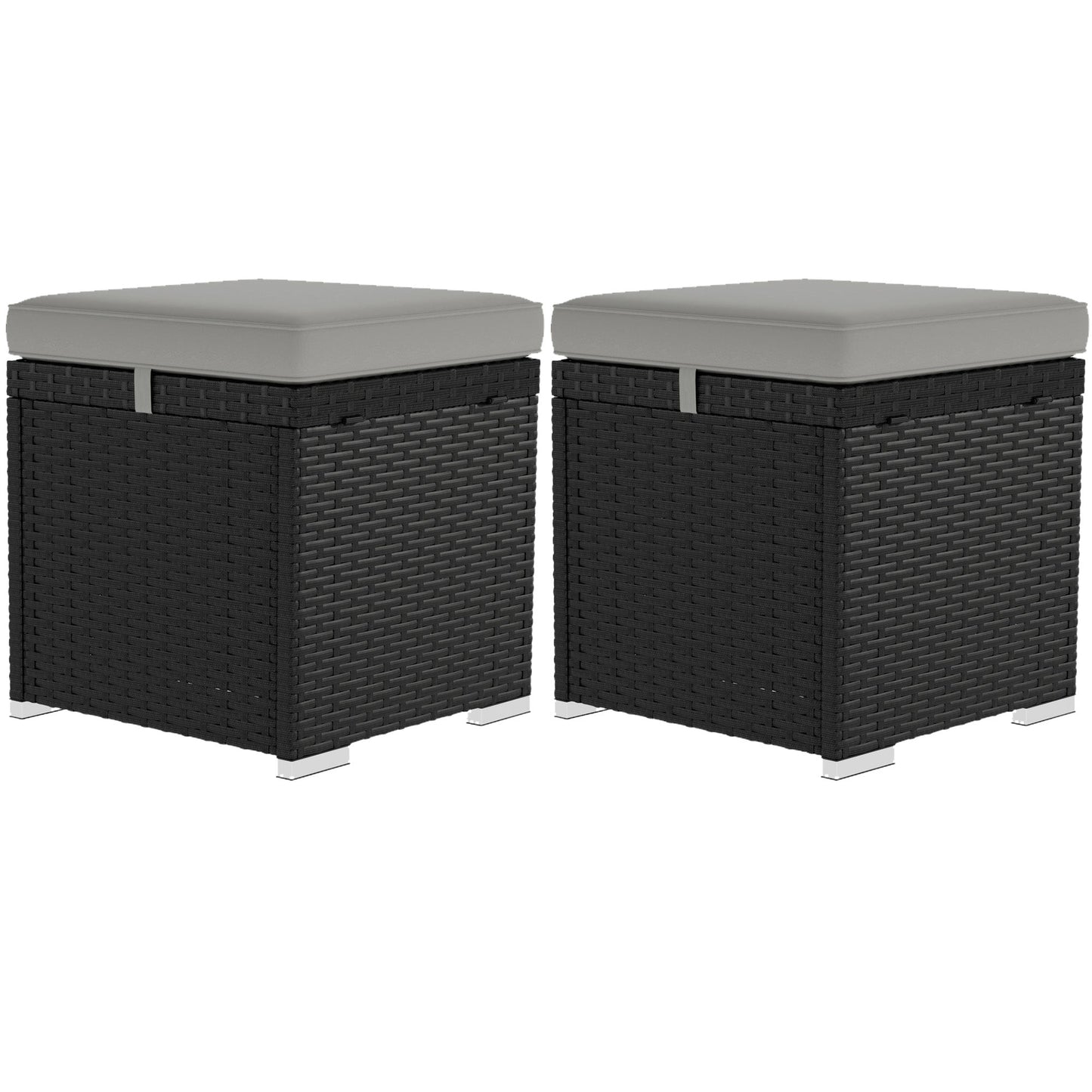 2 Pieces Wicker Outdoor Ottoman with Storage, PE Rattan Patio Storage Ottoman with Removable Cushion, Square Outdoor Footstool Seating, Footrest and Side Table, Light Grey