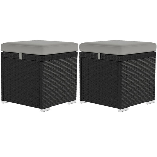 2 Pieces Wicker Outdoor Ottoman with Storage, PE Rattan Patio Storage Ottoman with Removable Cushion, Square Outdoor Footstool Seating, Footrest and Side Table, Light Grey