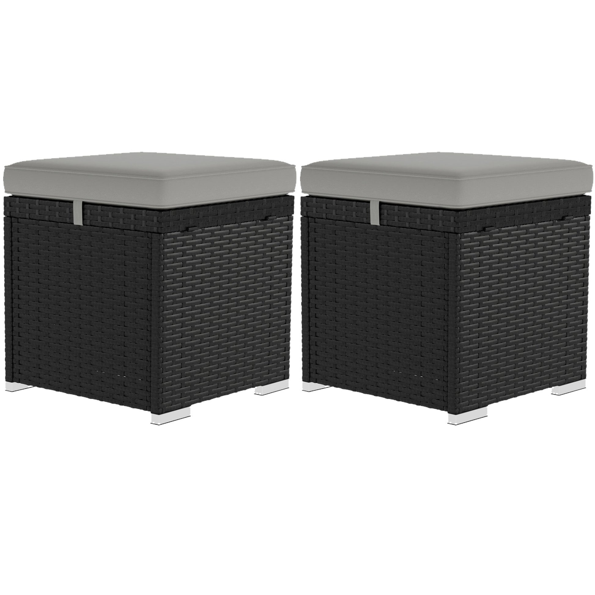 2 Pieces Wicker Outdoor Ottoman with Storage, PE Rattan Patio Storage Ottoman with Removable Cushion, Square Outdoor Footstool Seating, Footrest and Side Table, Light Grey