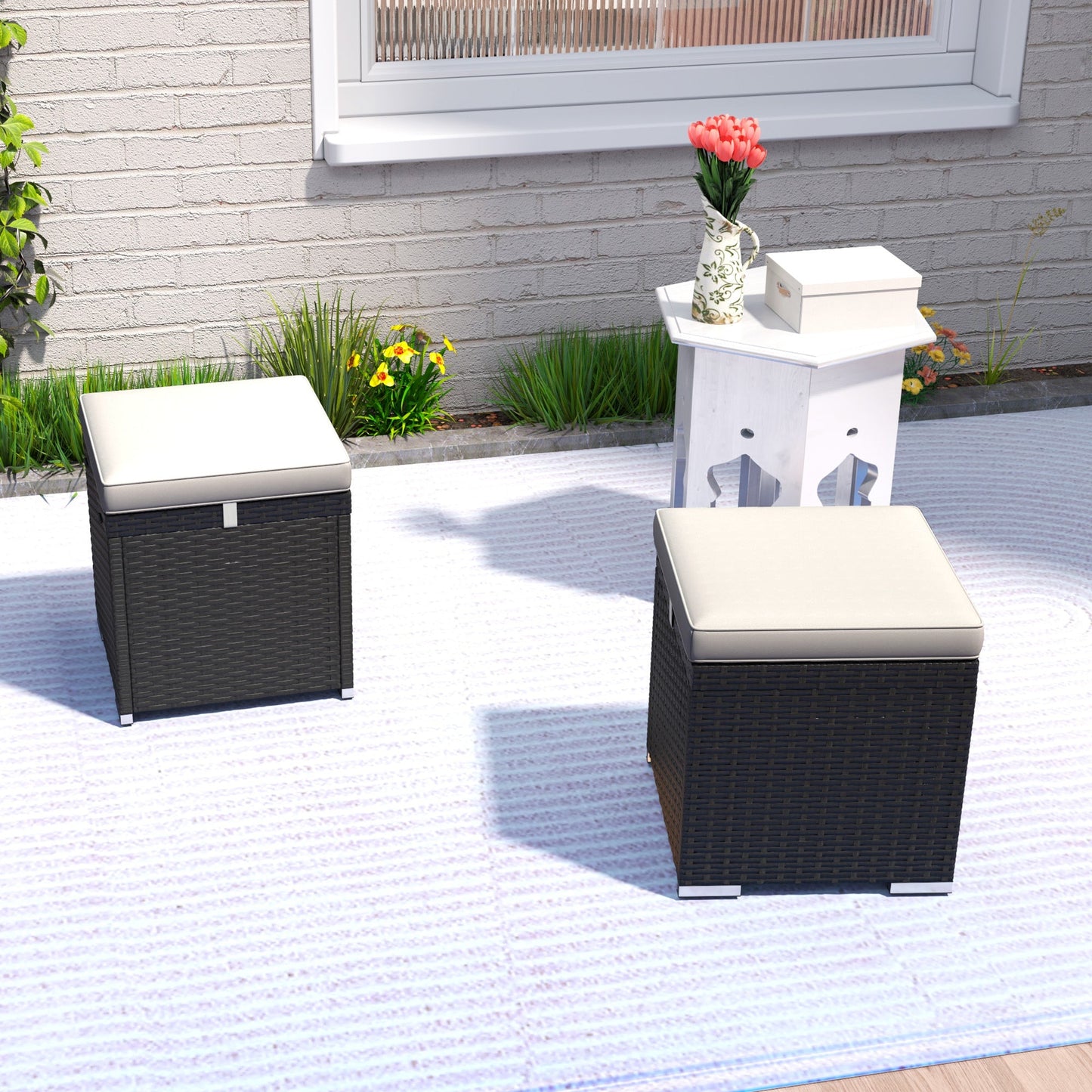 2 Pieces Wicker Outdoor Ottoman with Storage, PE Rattan Patio Storage Ottoman with Removable Cushion, Square Outdoor Footstool Seating, Footrest and Side Table, Light Grey