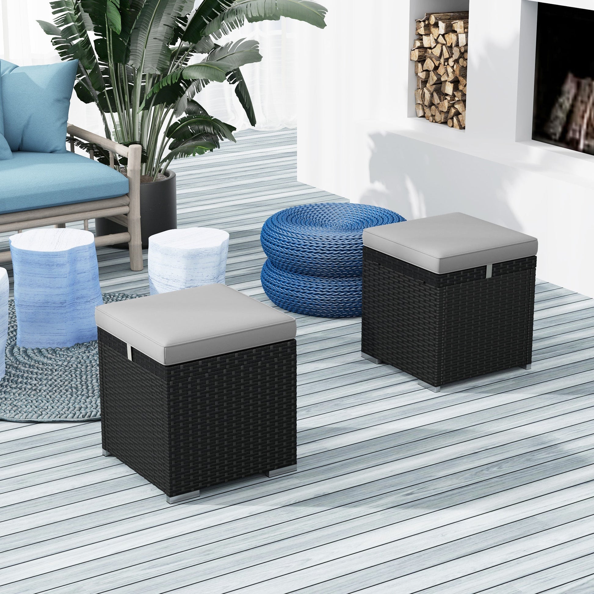 2 Pieces Wicker Outdoor Ottoman with Storage, PE Rattan Patio Storage Ottoman with Removable Cushion, Square Outdoor Footstool Seating, Footrest and Side Table, Light Grey