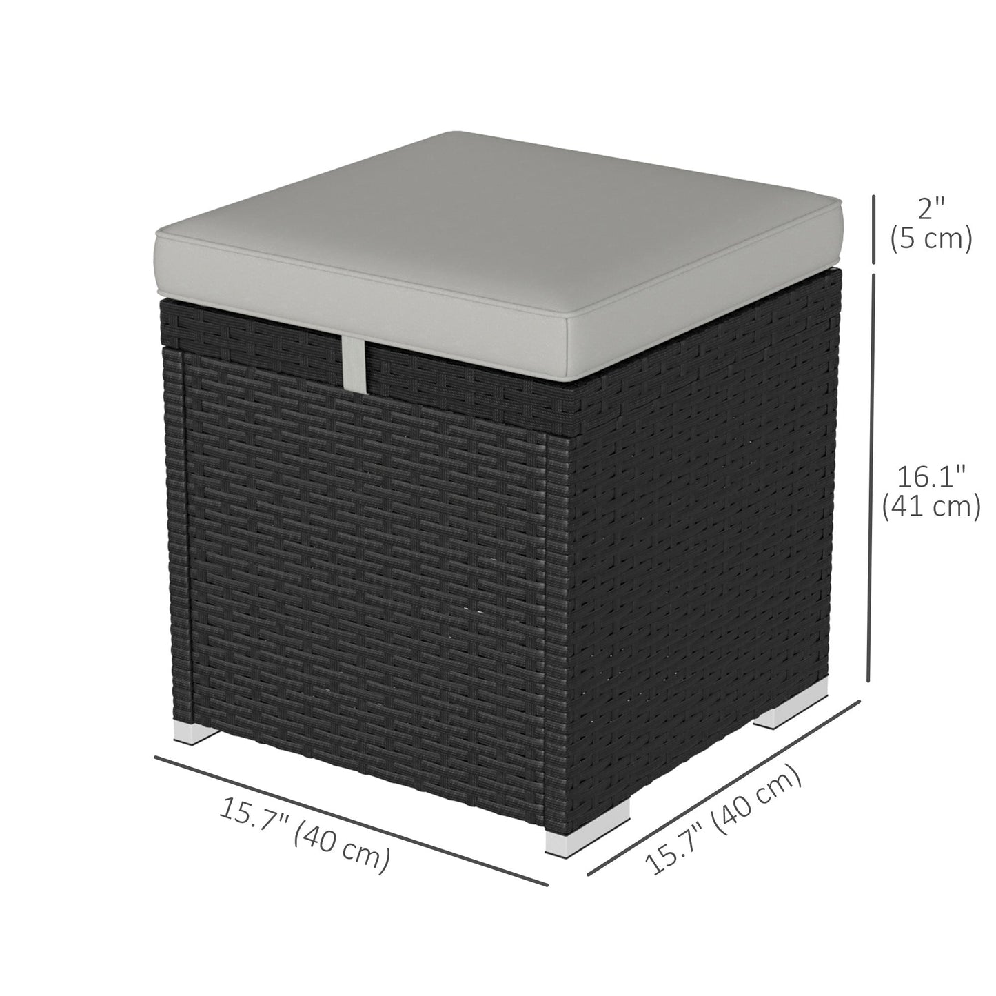 2 Pieces Wicker Outdoor Ottoman with Storage, PE Rattan Patio Storage Ottoman with Removable Cushion, Square Outdoor Footstool Seating, Footrest and Side Table, Light Grey