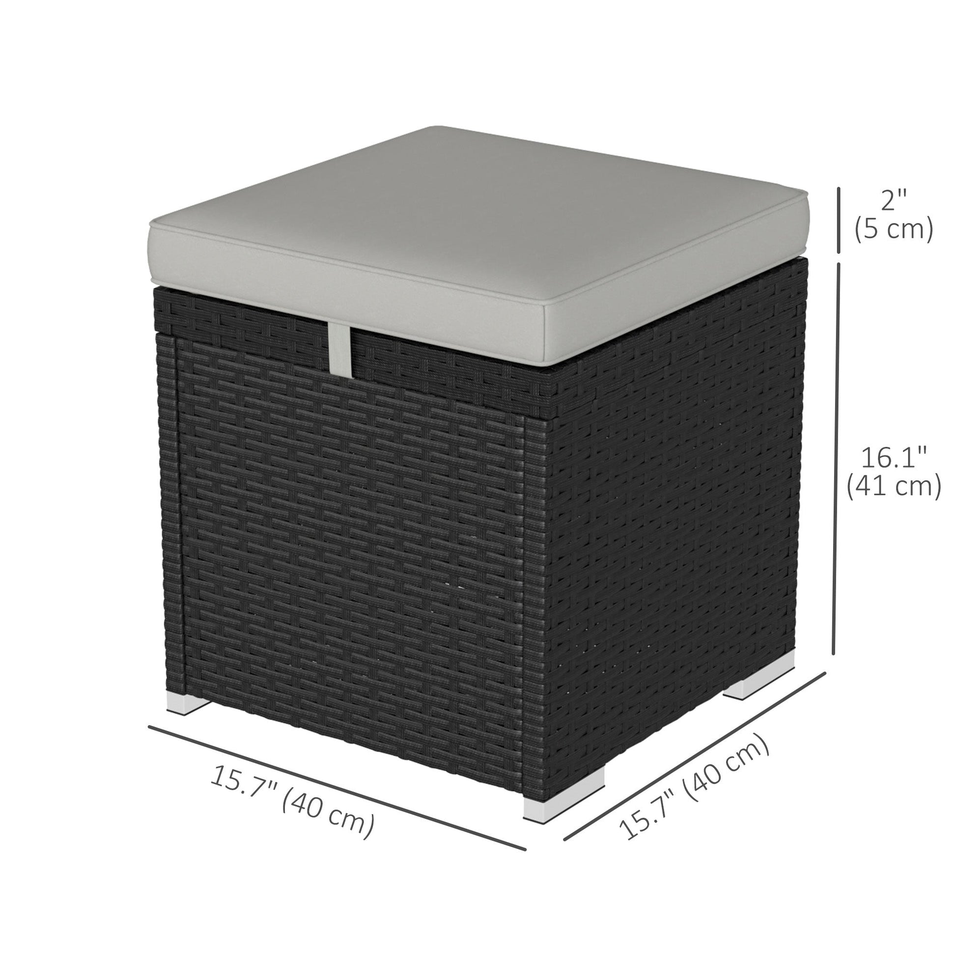 2 Pieces Wicker Outdoor Ottoman with Storage, PE Rattan Patio Storage Ottoman with Removable Cushion, Square Outdoor Footstool Seating, Footrest and Side Table, Light Grey