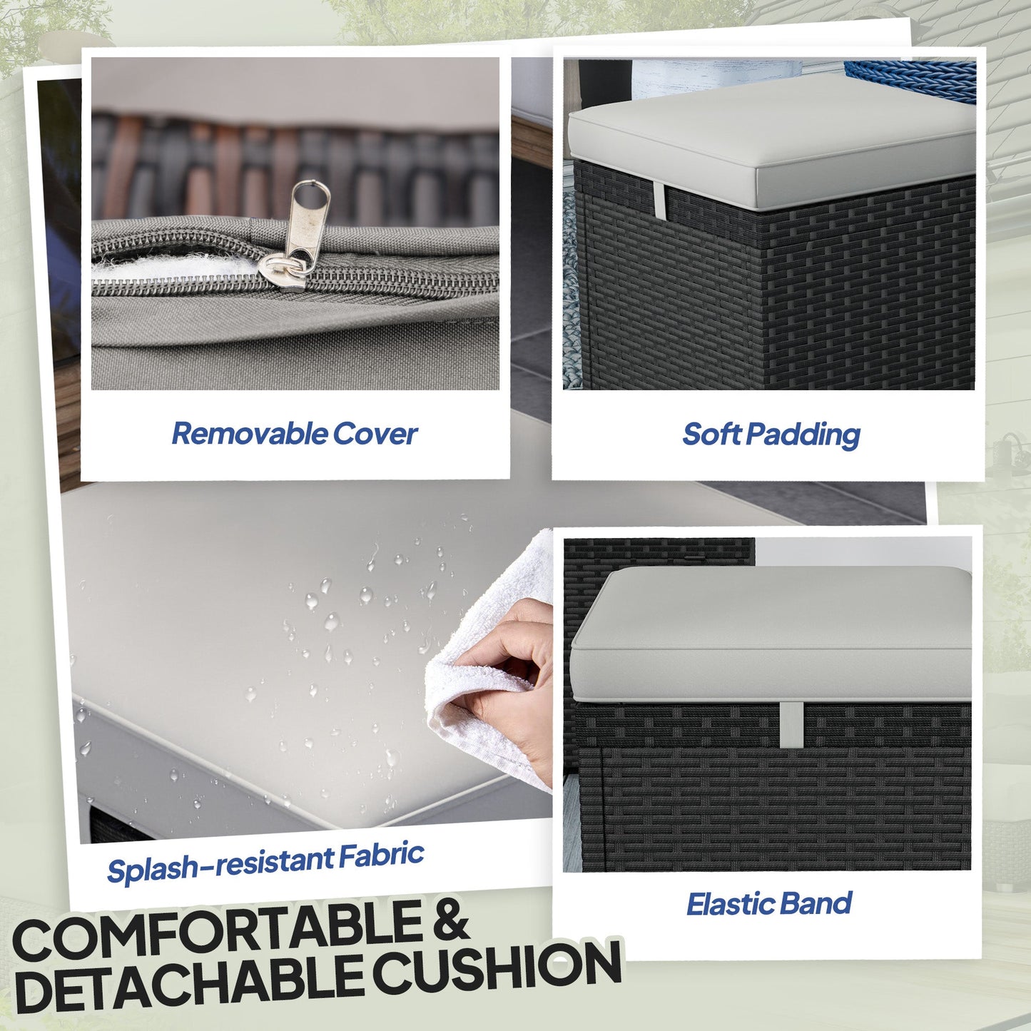 2 Pieces Wicker Outdoor Ottoman with Storage, PE Rattan Patio Storage Ottoman with Removable Cushion, Square Outdoor Footstool Seating, Footrest and Side Table, Light Grey