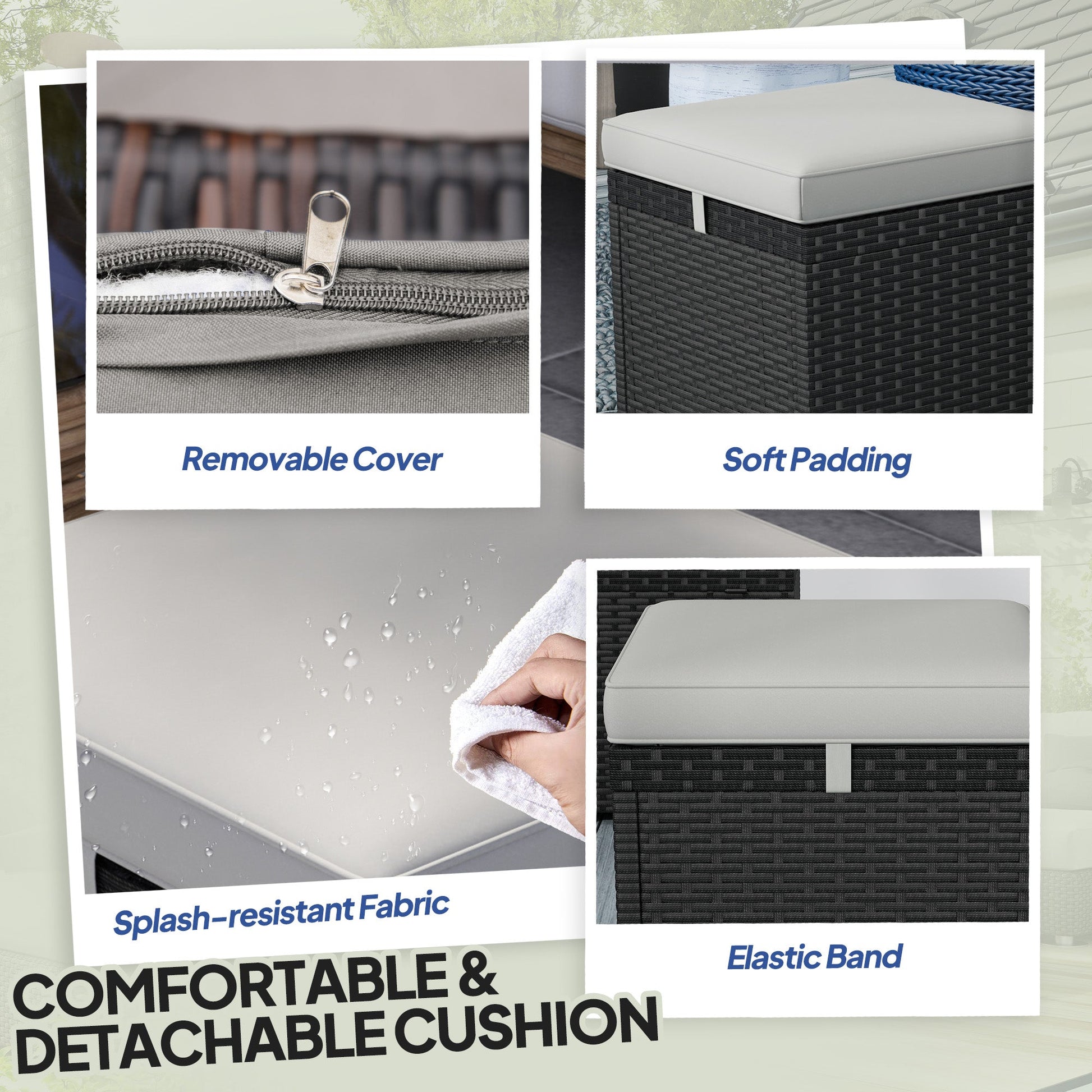2 Pieces Wicker Outdoor Ottoman with Storage, PE Rattan Patio Storage Ottoman with Removable Cushion, Square Outdoor Footstool Seating, Footrest and Side Table, Light Grey
