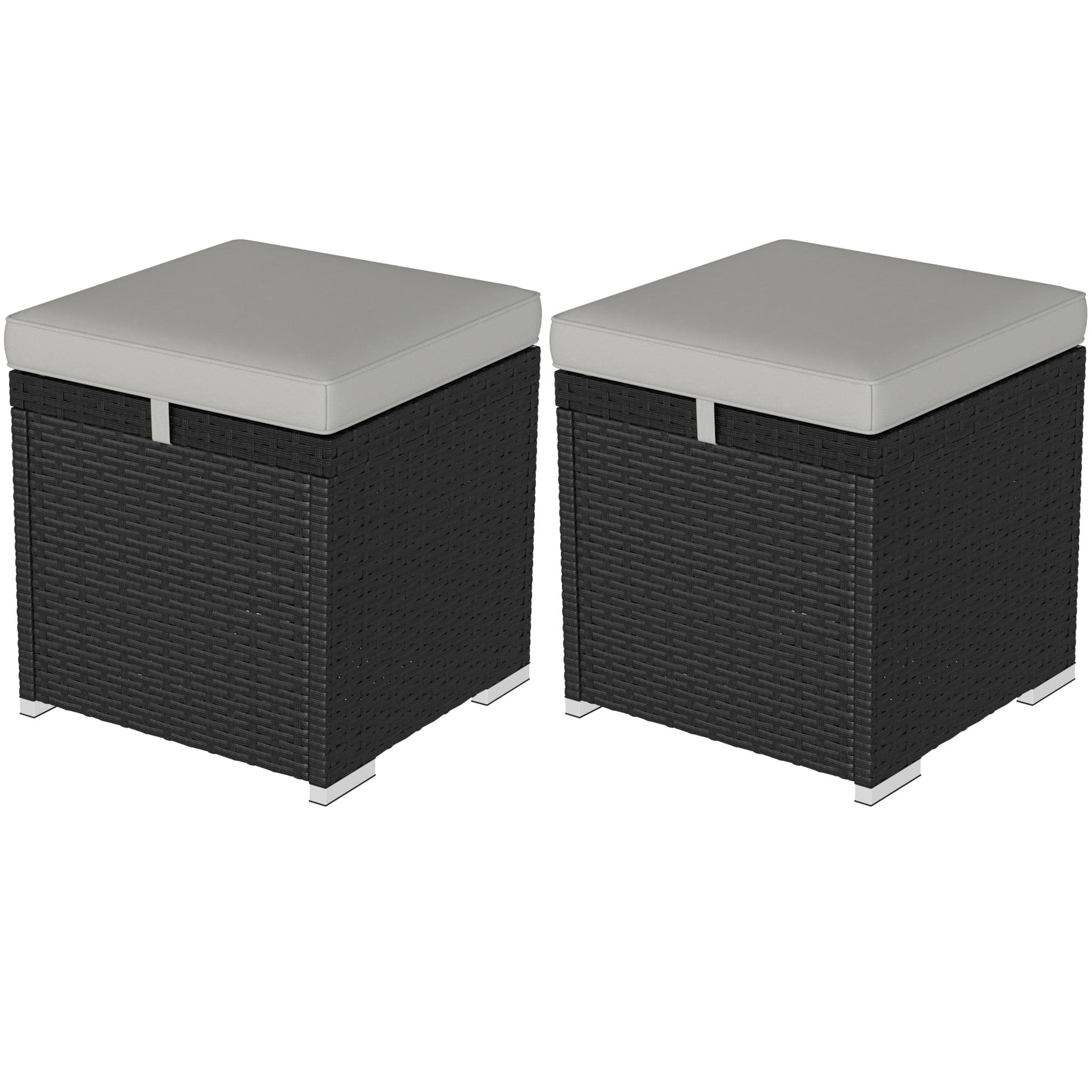 2 Pieces Wicker Outdoor Ottoman with Storage, PE Rattan Patio Storage Ottoman with Removable Cushion, Square Outdoor Footstool Seating, Footrest and Side Table, Light Grey