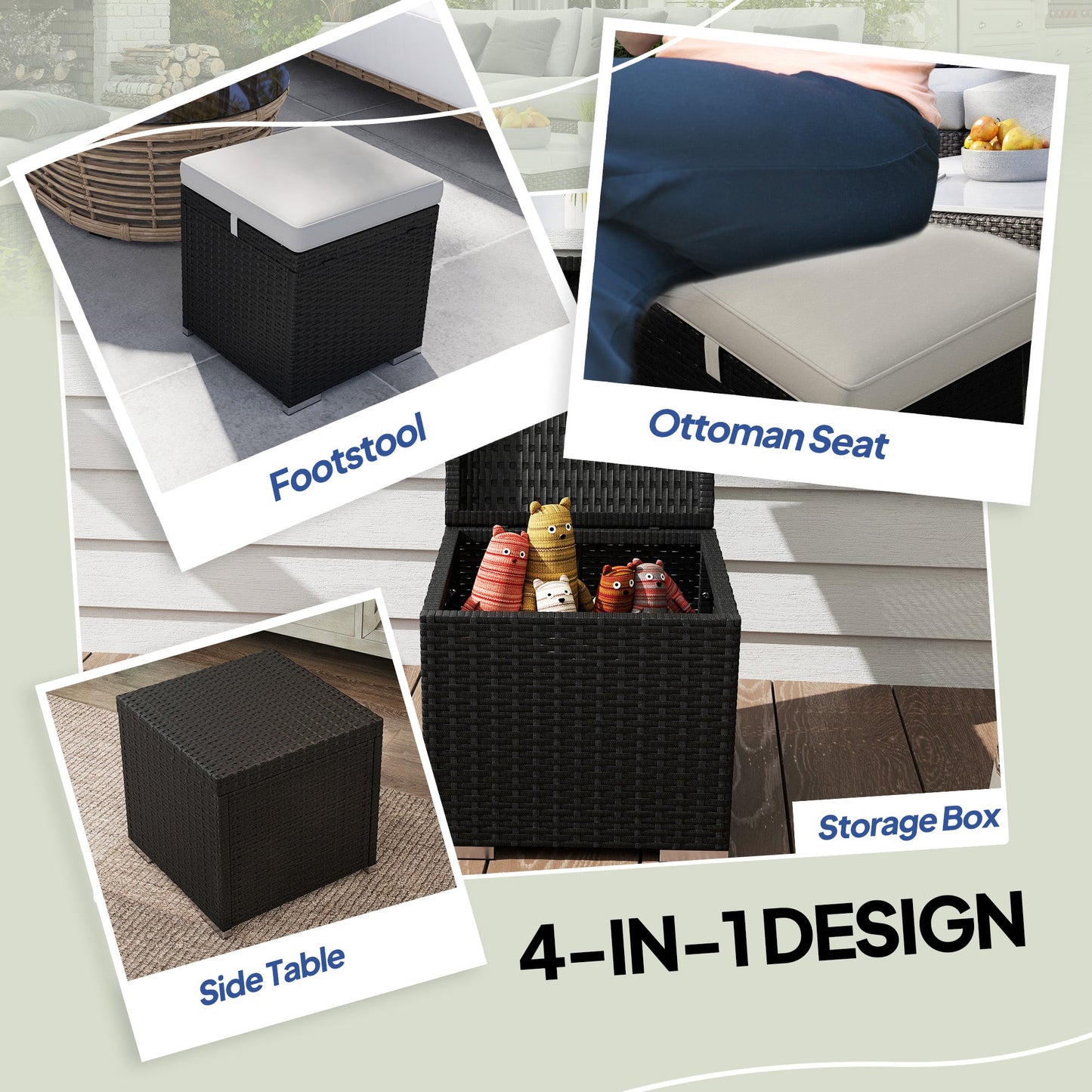 2 Pieces Wicker Outdoor Ottoman with Storage, PE Rattan Patio Storage Ottoman with Removable Cushion, Square Outdoor Footstool Seating, Footrest and Side Table, Light Grey