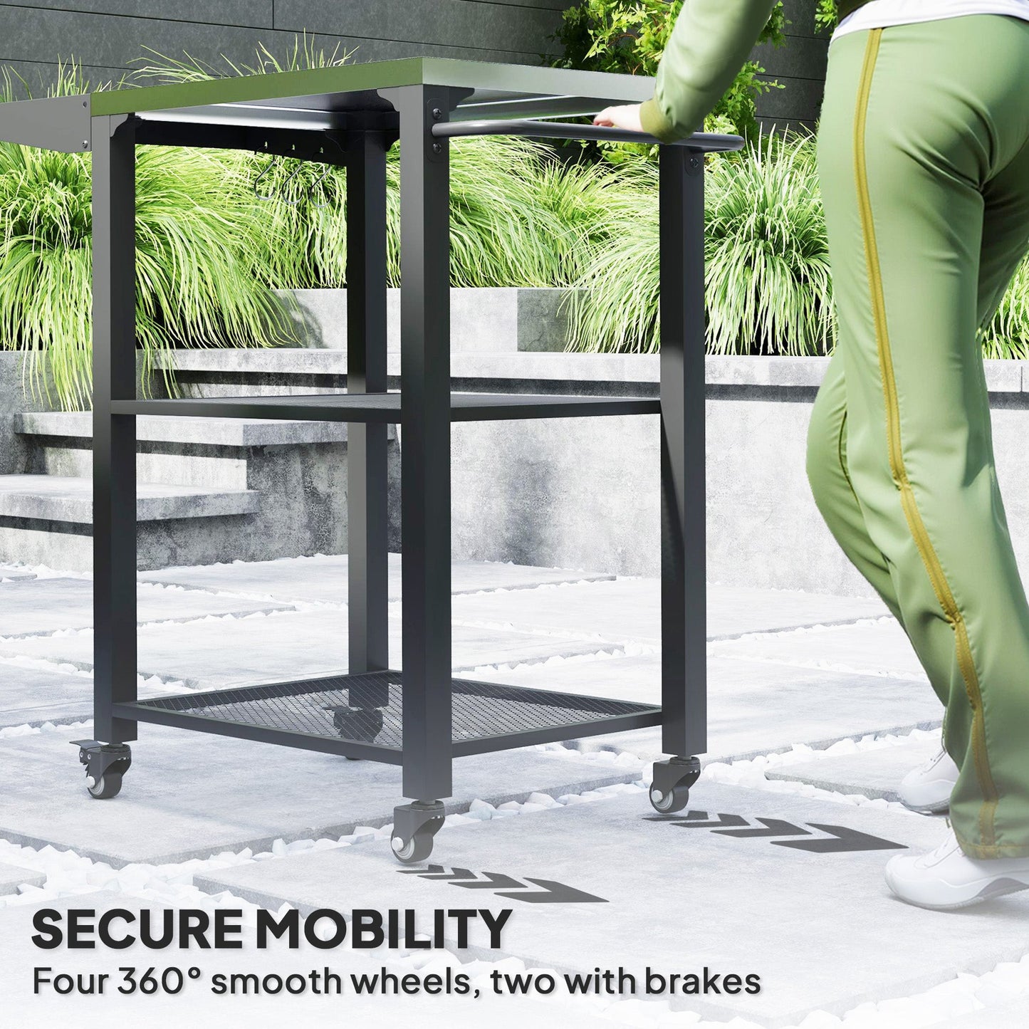 3-Shelf Outdoor Grill Cart with Foldable Side Table, 22" x 16.1" Pizza Oven Stand with Stainless Steel Tabletop, Hooks, Movable Food Prep Table on Wheels