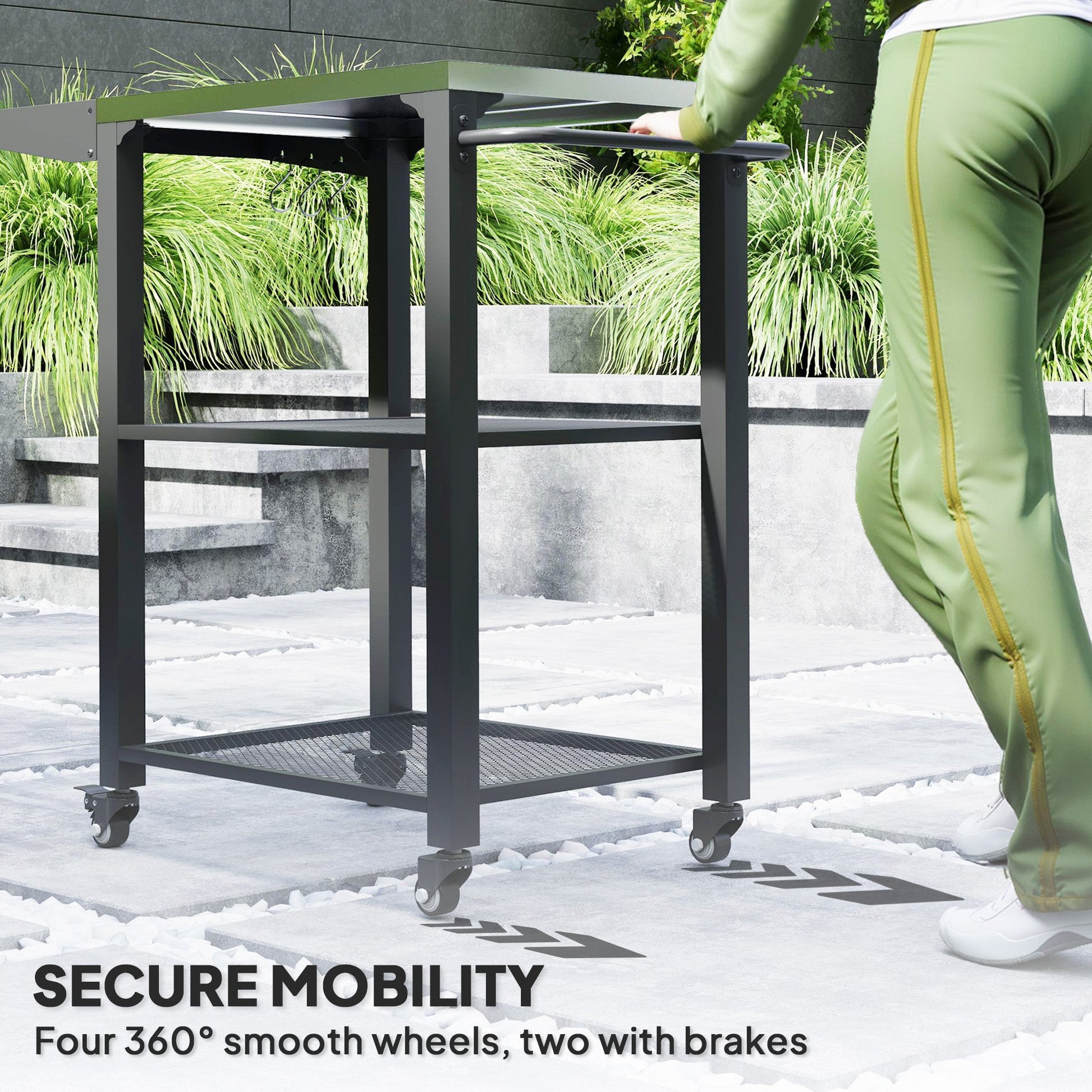 3-Shelf Outdoor Grill Cart with Foldable Side Table, 22" x 16.1" Pizza Oven Stand with Stainless Steel Tabletop, Hooks, Movable Food Prep Table on Wheels