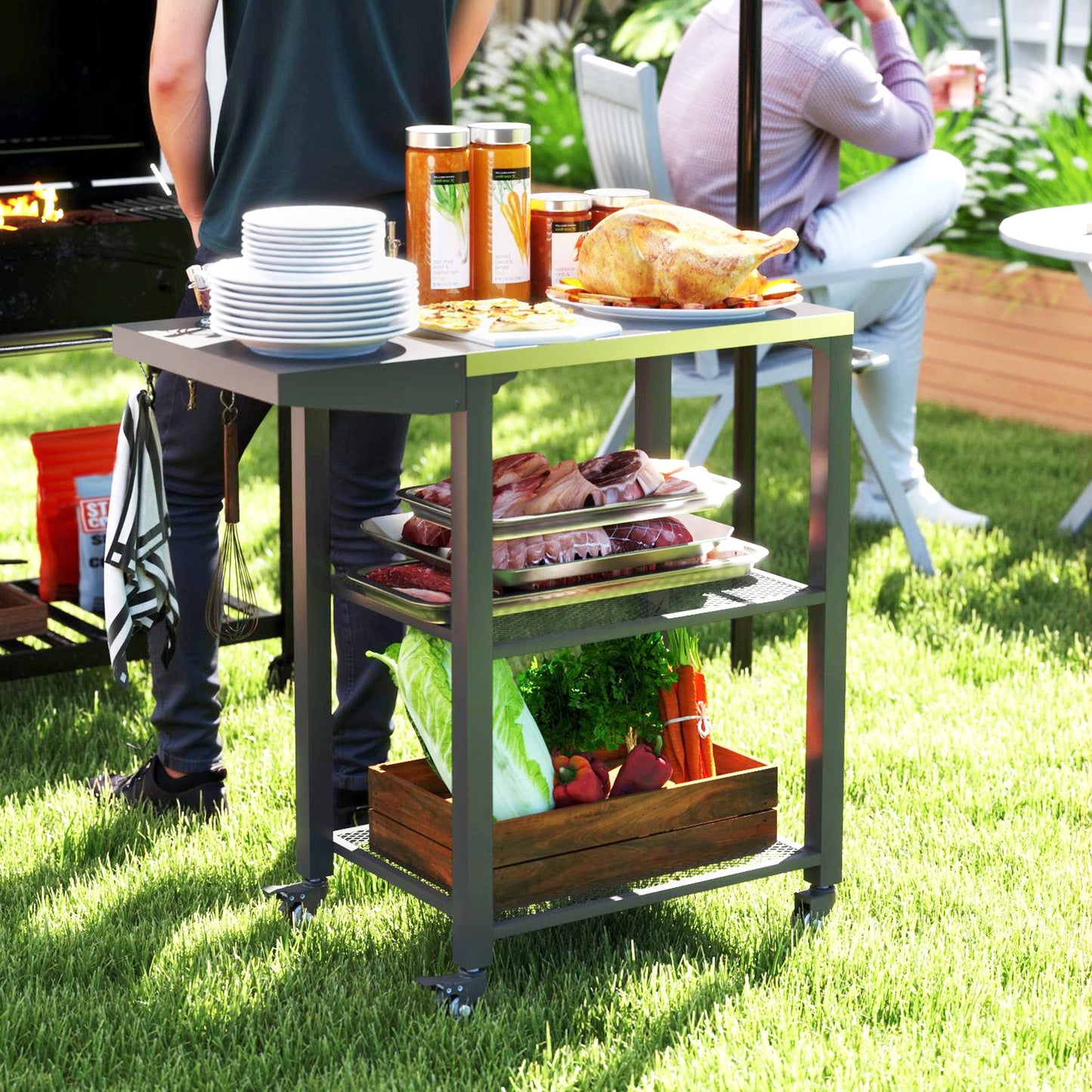 3-Shelf Outdoor Grill Cart with Foldable Side Table, 22" x 16.1" Pizza Oven Stand with Stainless Steel Tabletop, Hooks, Movable Food Prep Table on Wheels