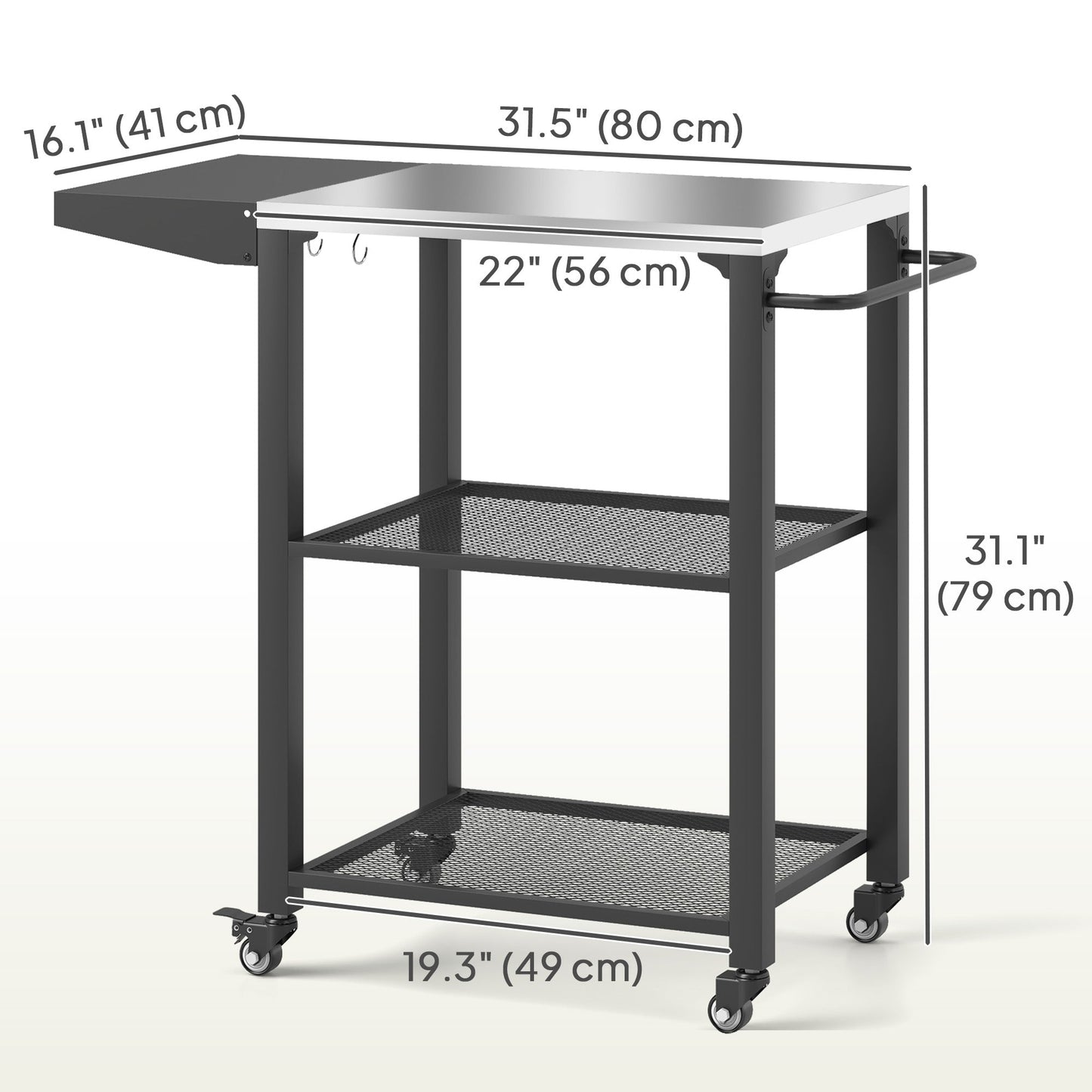 3-Shelf Outdoor Grill Cart with Foldable Side Table, 22" x 16.1" Pizza Oven Stand with Stainless Steel Tabletop, Hooks, Movable Food Prep Table on Wheels