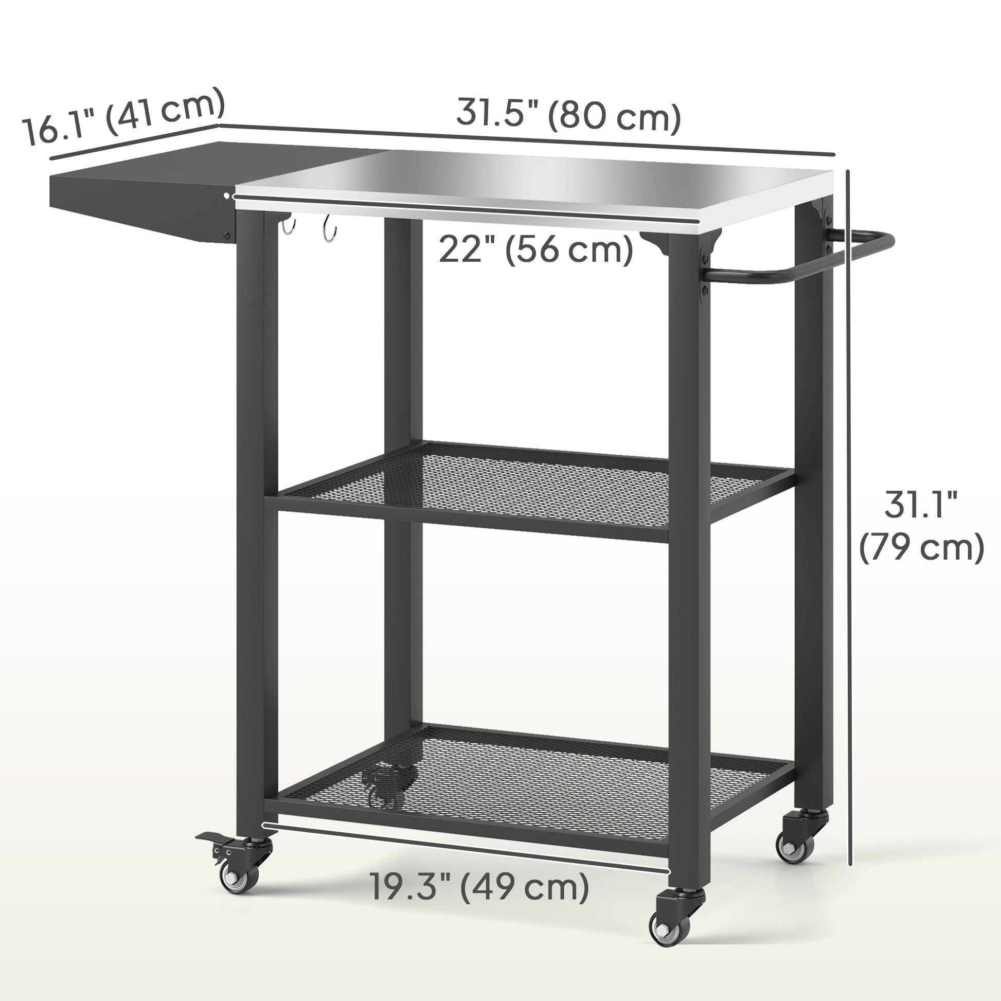 3-Shelf Outdoor Grill Cart with Foldable Side Table, 22" x 16.1" Pizza Oven Stand with Stainless Steel Tabletop, Hooks, Movable Food Prep Table on Wheels