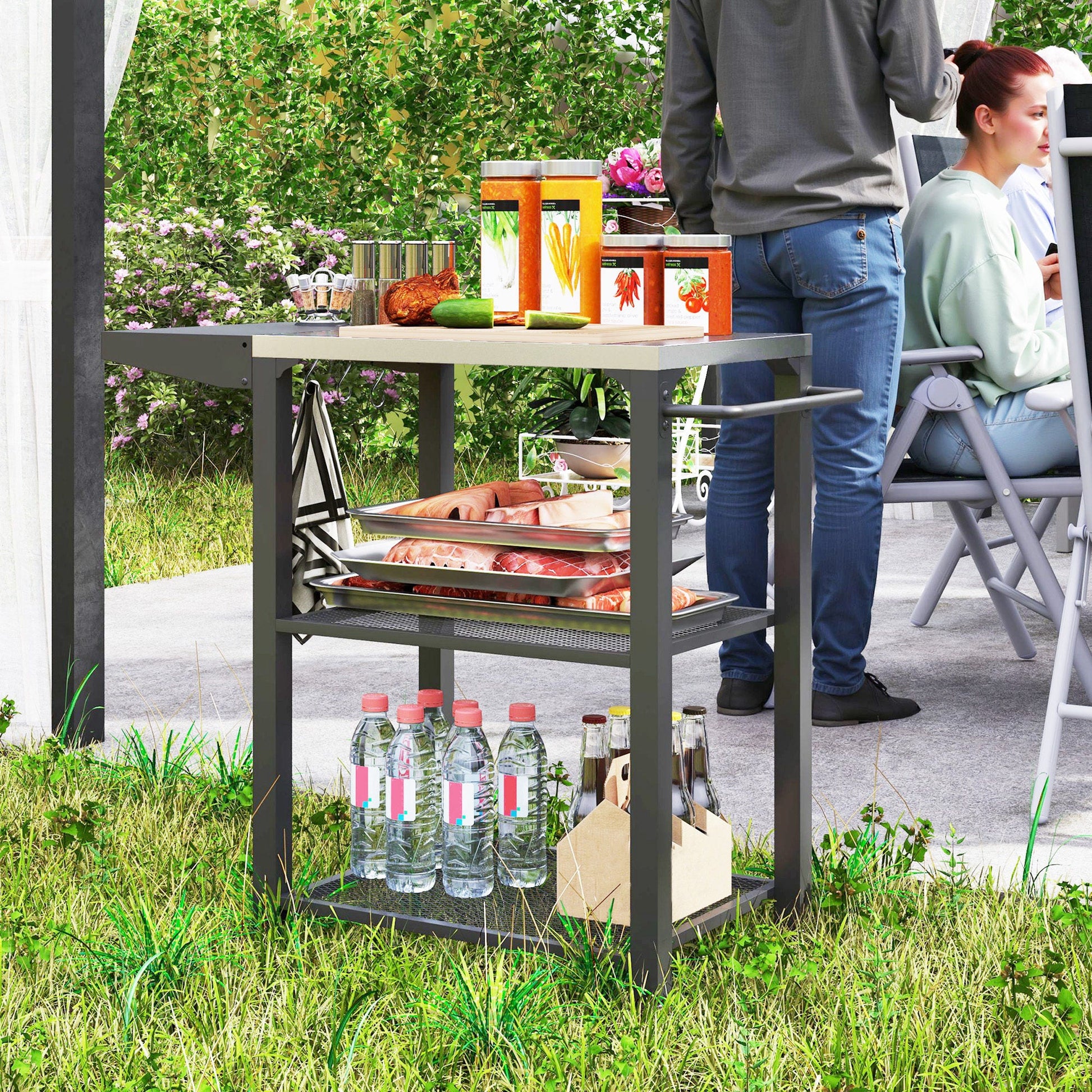 3-Shelf Outdoor Grill Cart with Foldable Side Table, 22" x 16.1" Pizza Oven Stand with Stainless Steel Tabletop, Hooks, Movable Food Prep Table on Wheels