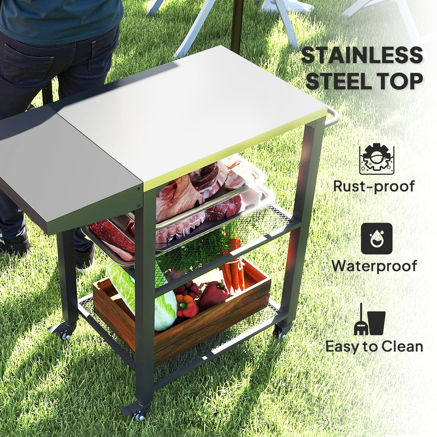 3-Shelf Outdoor Grill Cart with Foldable Side Table, 22" x 16.1" Pizza Oven Stand with Stainless Steel Tabletop, Hooks, Movable Food Prep Table on Wheels