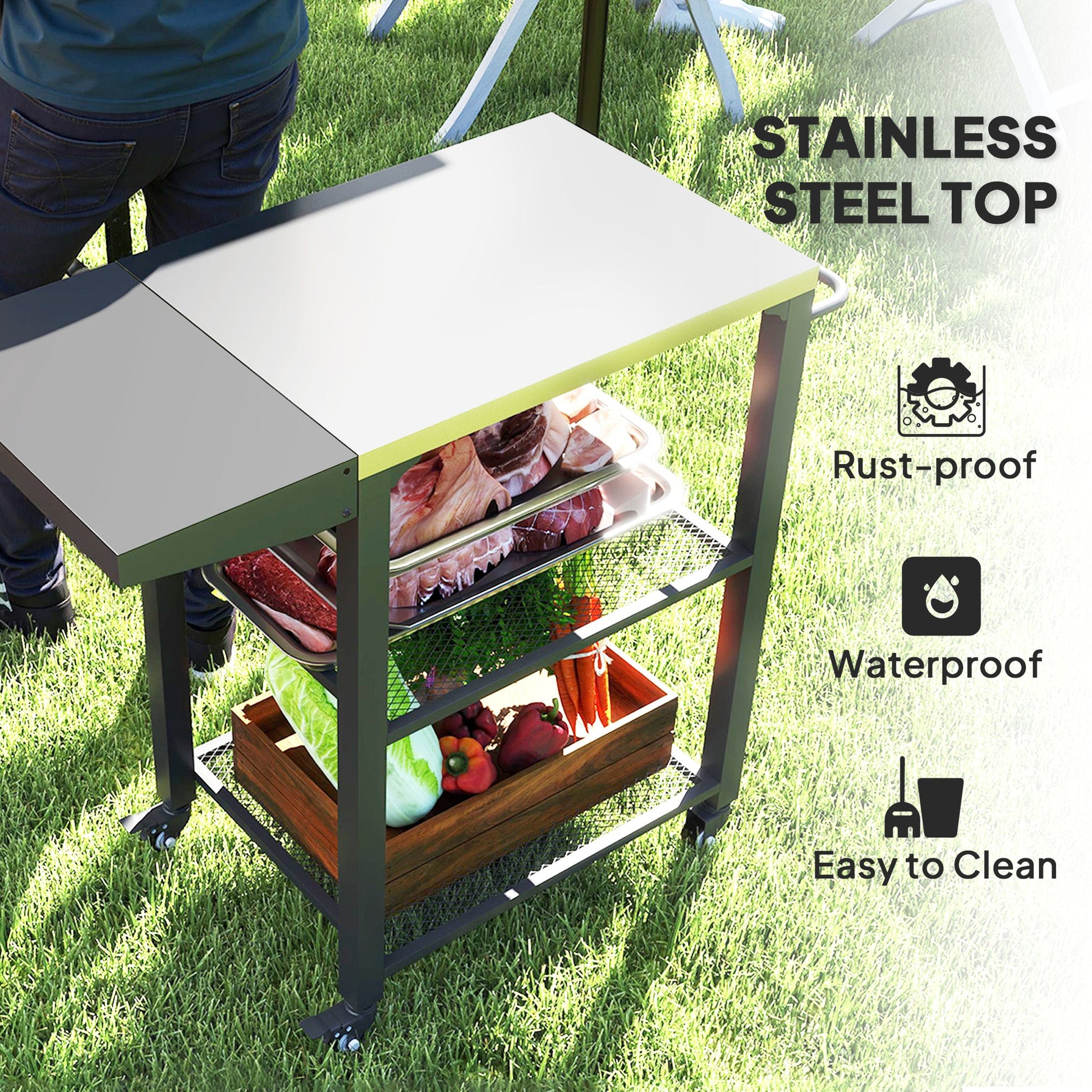 3-Shelf Outdoor Grill Cart with Foldable Side Table, 22" x 16.1" Pizza Oven Stand with Stainless Steel Tabletop, Hooks, Movable Food Prep Table on Wheels