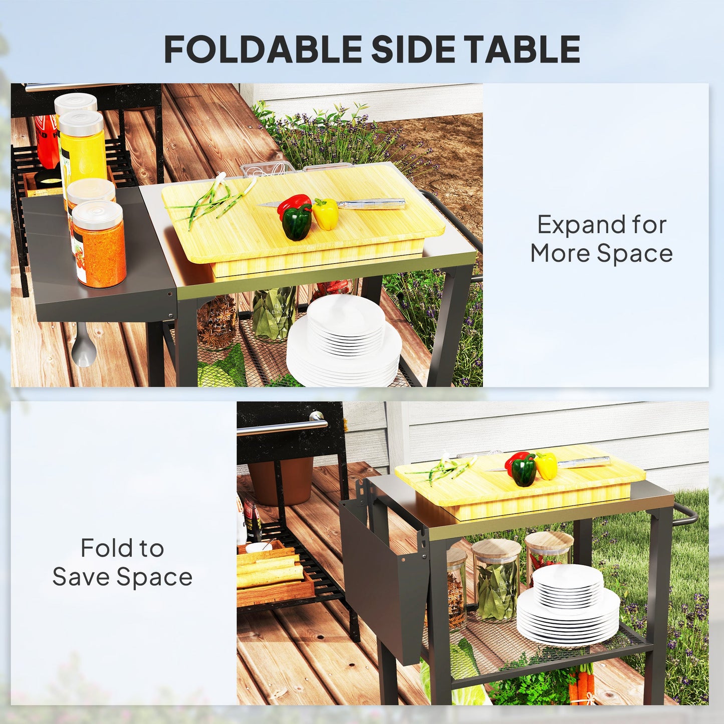 3-Shelf Outdoor Grill Cart with Foldable Side Table, 22" x 16.1" Pizza Oven Stand with Stainless Steel Tabletop, Hooks, Movable Food Prep Table on Wheels