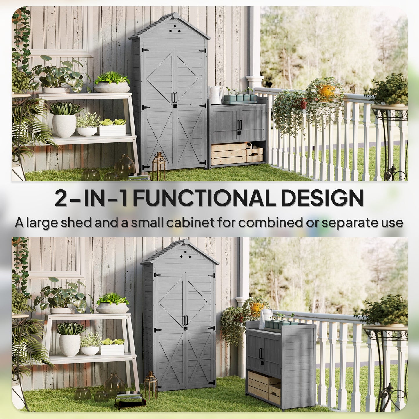 2-in-1 Outdoor Storage Cabinet, Wood Garden Shed with Shelves, Latch Doors and Vent Holes, Outdoor Tool Shed with Foot Caps for Backyard, Patio, Lawn, Light Grey