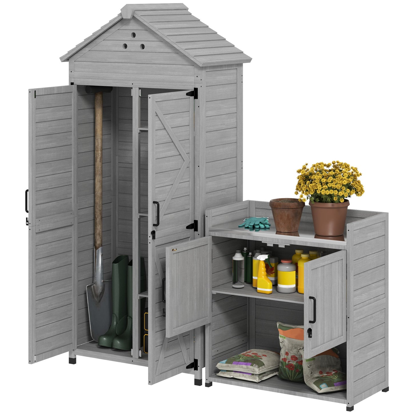 2-in-1 Outdoor Storage Cabinet, Wood Garden Shed with Shelves, Latch Doors and Vent Holes, Outdoor Tool Shed with Foot Caps for Backyard, Patio, Lawn, Light Grey