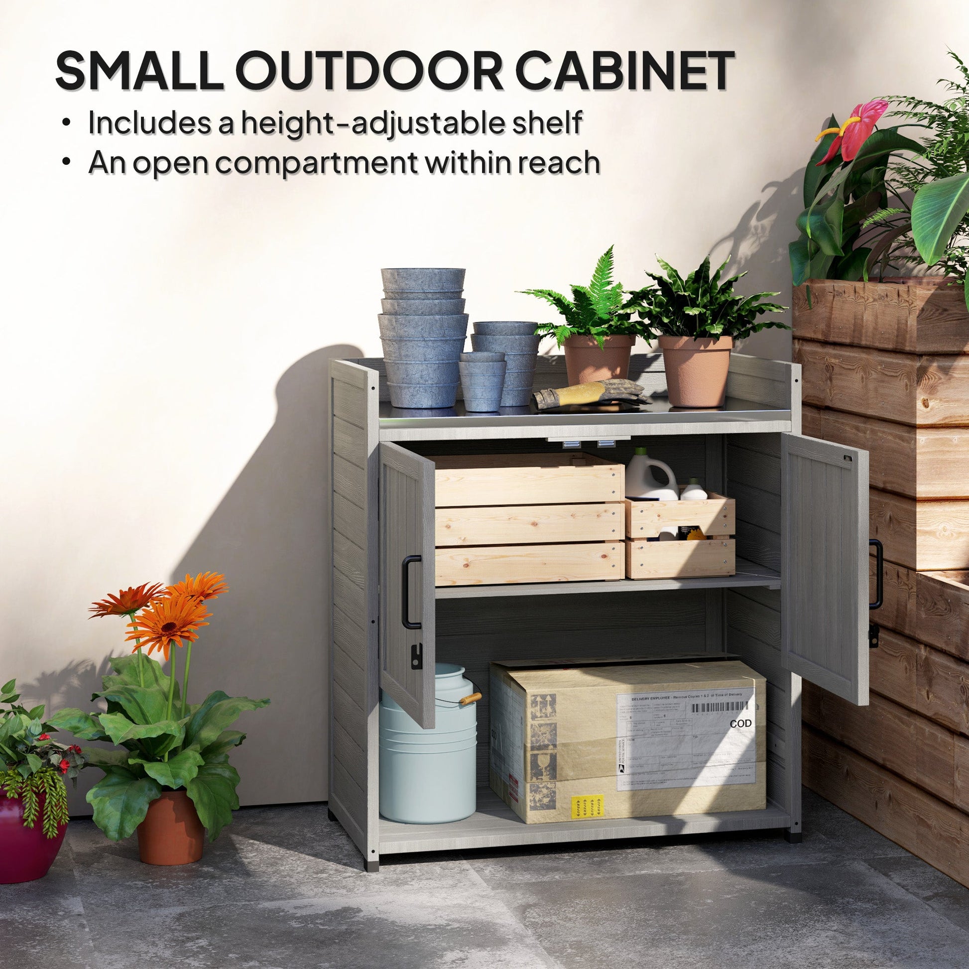 2-in-1 Outdoor Storage Cabinet, Wood Garden Shed with Shelves, Latch Doors and Vent Holes, Outdoor Tool Shed with Foot Caps for Backyard, Patio, Lawn, Light Grey
