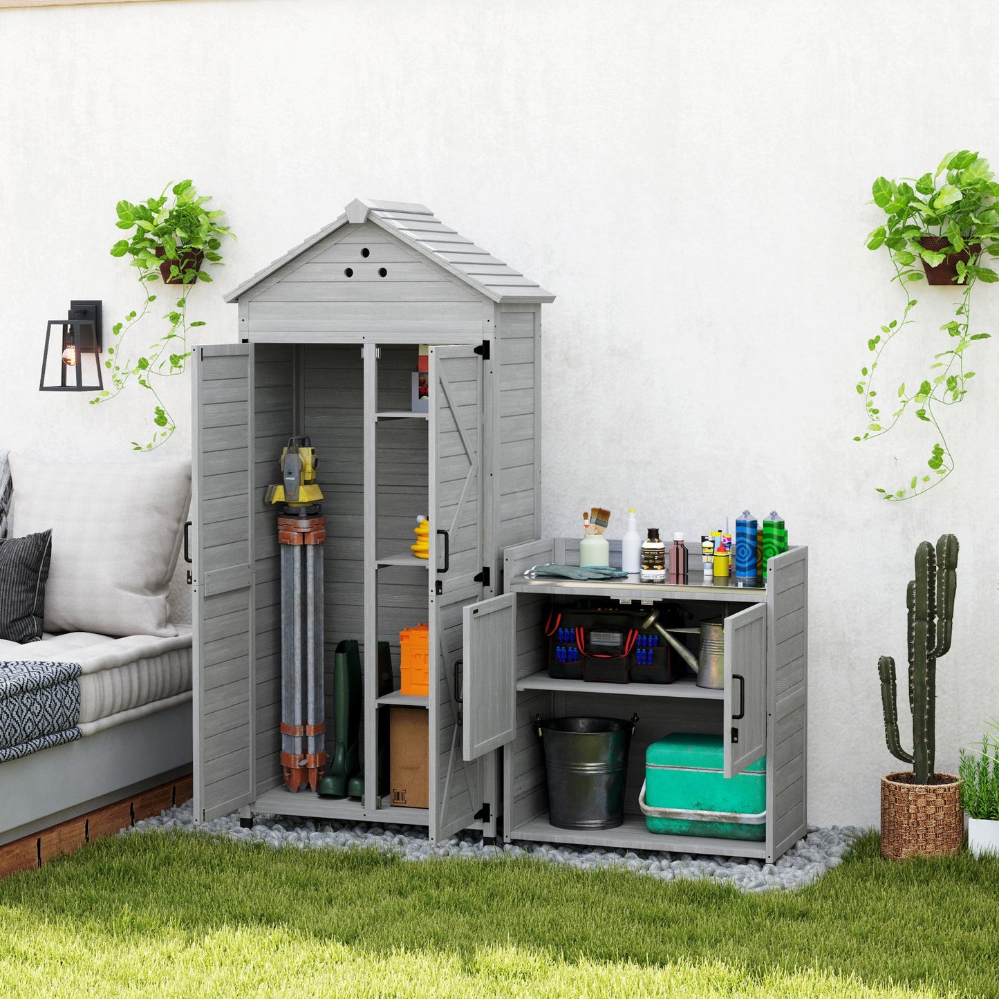 2-in-1 Outdoor Storage Cabinet, Wood Garden Shed with Shelves, Latch Doors and Vent Holes, Outdoor Tool Shed with Foot Caps for Backyard, Patio, Lawn, Light Grey
