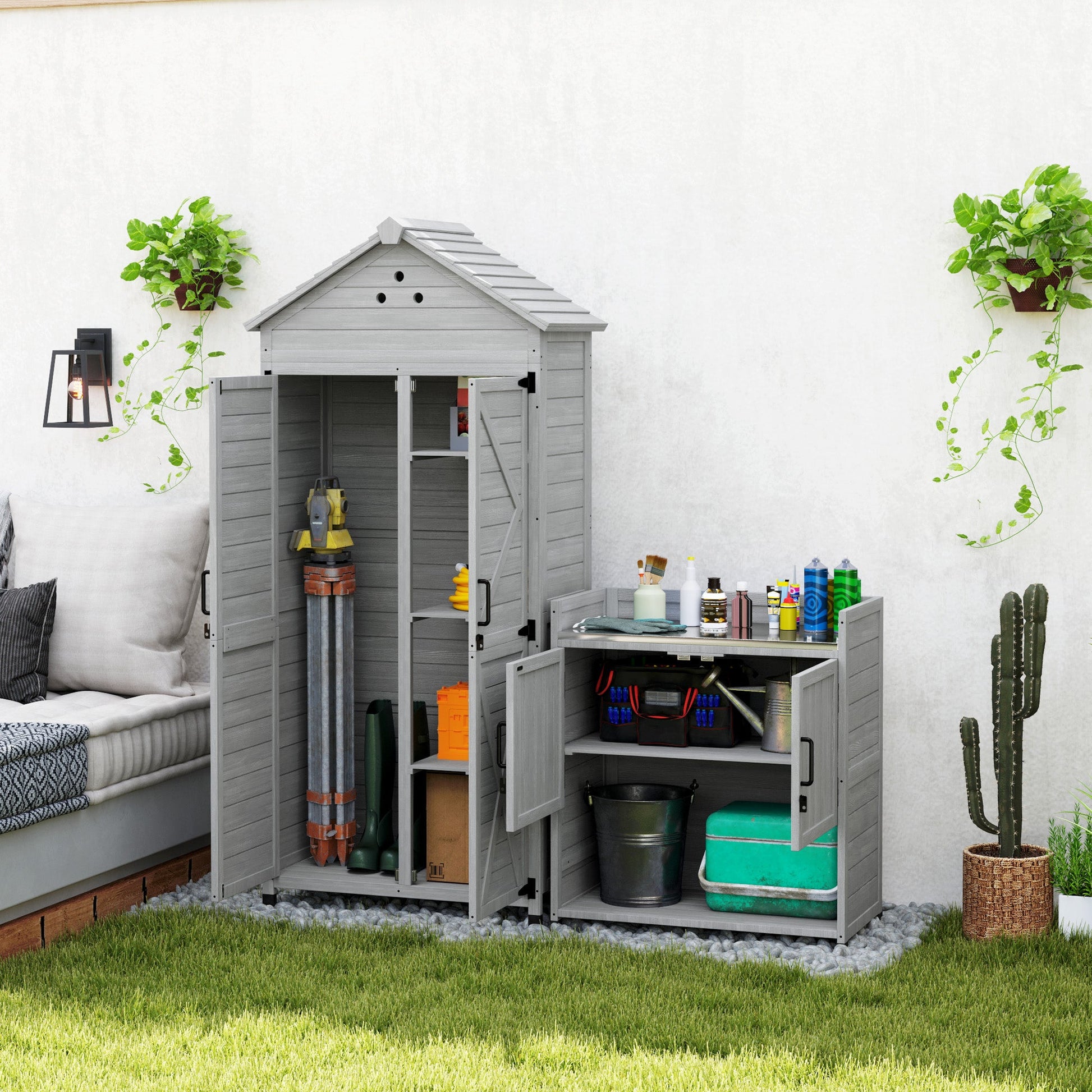 2-in-1 Outdoor Storage Cabinet, Wood Garden Shed with Shelves, Latch Doors and Vent Holes, Outdoor Tool Shed with Foot Caps for Backyard, Patio, Lawn, Light Grey