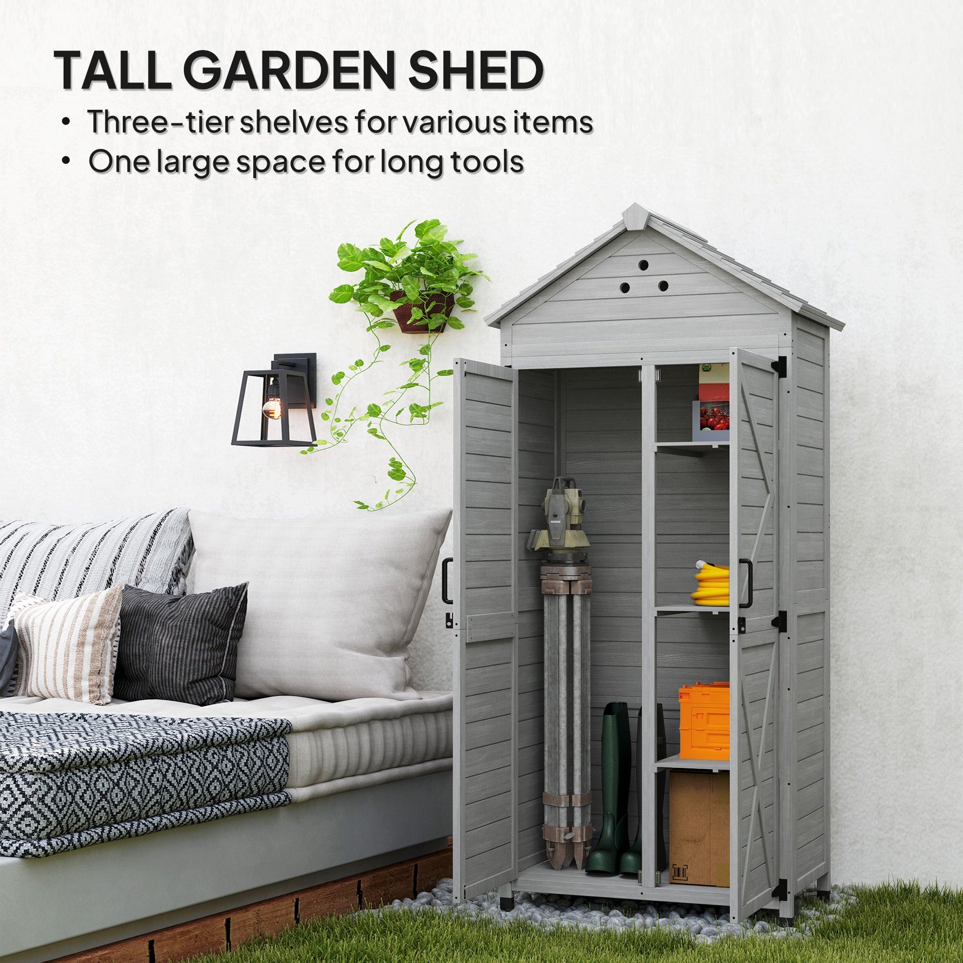 2-in-1 Outdoor Storage Cabinet, Wood Garden Shed with Shelves, Latch Doors and Vent Holes, Outdoor Tool Shed with Foot Caps for Backyard, Patio, Lawn, Light Grey