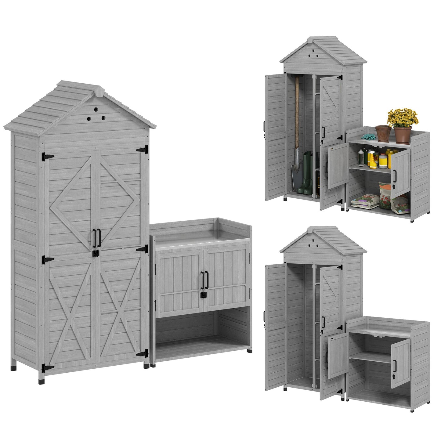 2-in-1 Outdoor Storage Cabinet, Wood Garden Shed with Shelves, Latch Doors and Vent Holes, Outdoor Tool Shed with Foot Caps for Backyard, Patio, Lawn, Light Grey