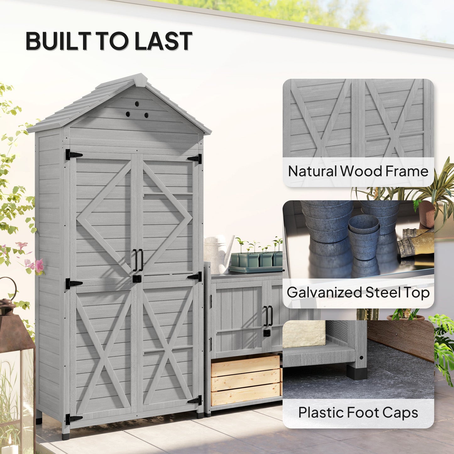 2-in-1 Outdoor Storage Cabinet, Wood Garden Shed with Shelves, Latch Doors and Vent Holes, Outdoor Tool Shed with Foot Caps for Backyard, Patio, Lawn, Light Grey