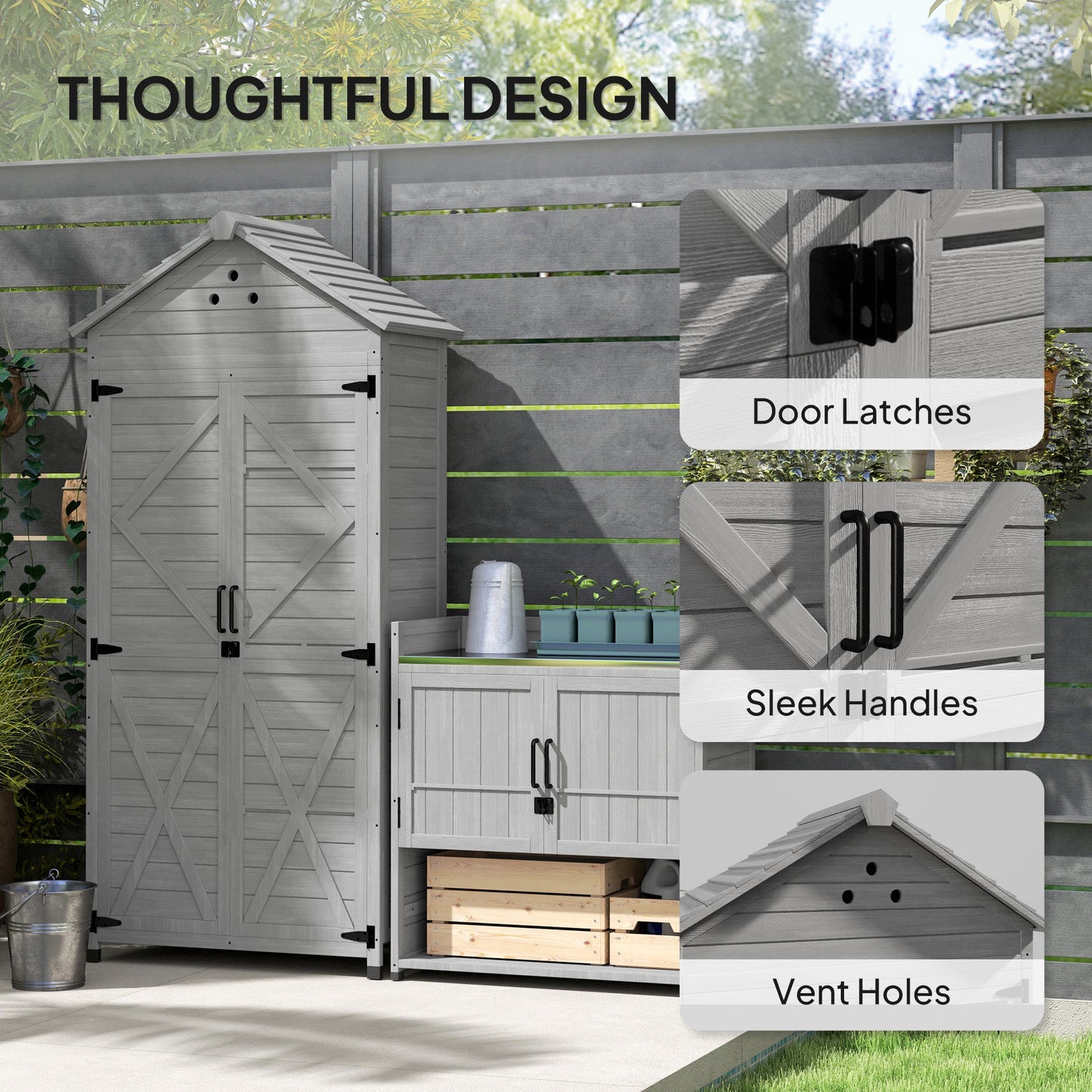 2-in-1 Outdoor Storage Cabinet, Wood Garden Shed with Shelves, Latch Doors and Vent Holes, Outdoor Tool Shed with Foot Caps for Backyard, Patio, Lawn, Light Grey